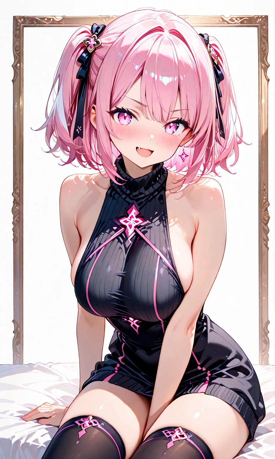 best quality, 8k, sharp focus, depth of field, best shadows, perfect lights, HDR, realistic skin texture, detailed, hyper detailed background, solo, 1 woman, Yuna crawford, pink hair, short ponytail and messy bangs, green eyes, small boobs, lying in bed, pink bra and box, pink sneakers, white socks, shoulders showing, anime style inspired by trails of cold steel IV, lewd, ecchi, blushing,