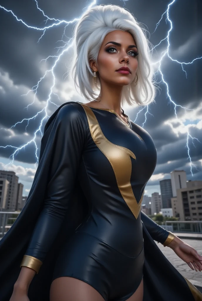 jadecargill2023, 1girl, best quality, masterpiece, 5 fingers, depth of field, full body, 5 fingers, raw photo, photorealistic, dark skin, white hair, turtleneck, smile, looking at viewer, storm \(x-men\), catsuit, tactical, cape, lightning, rain, flowing hair, long hair,