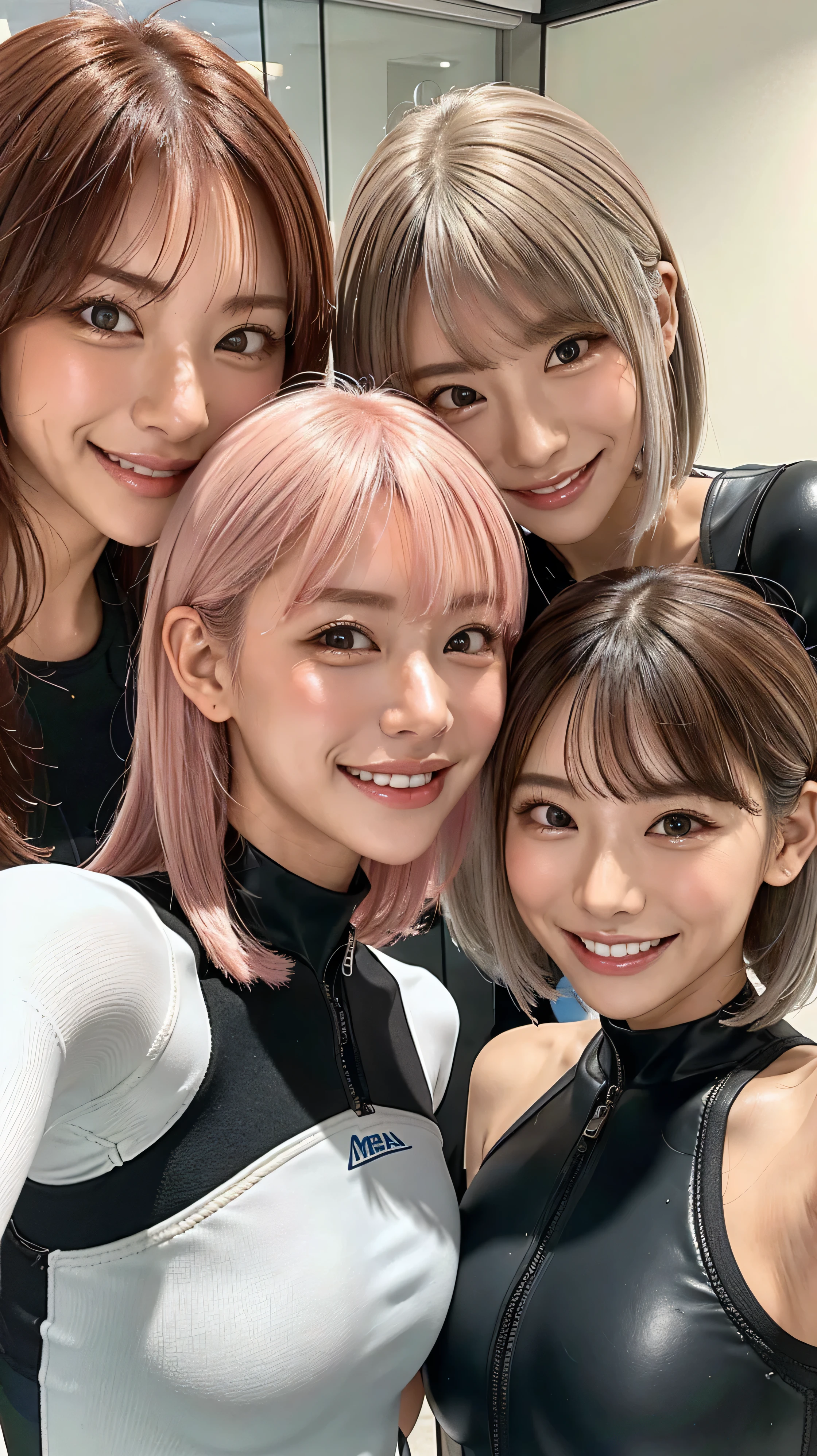 look at me,look at me with a smile 、vision、 two beautiful women 、Looking at Us Closer、looking at us with their faces close to the front、I'm looking at my beautiful platinum-colored hair at an angle 、close to the front 、 black wetsuit 、 、 、 、