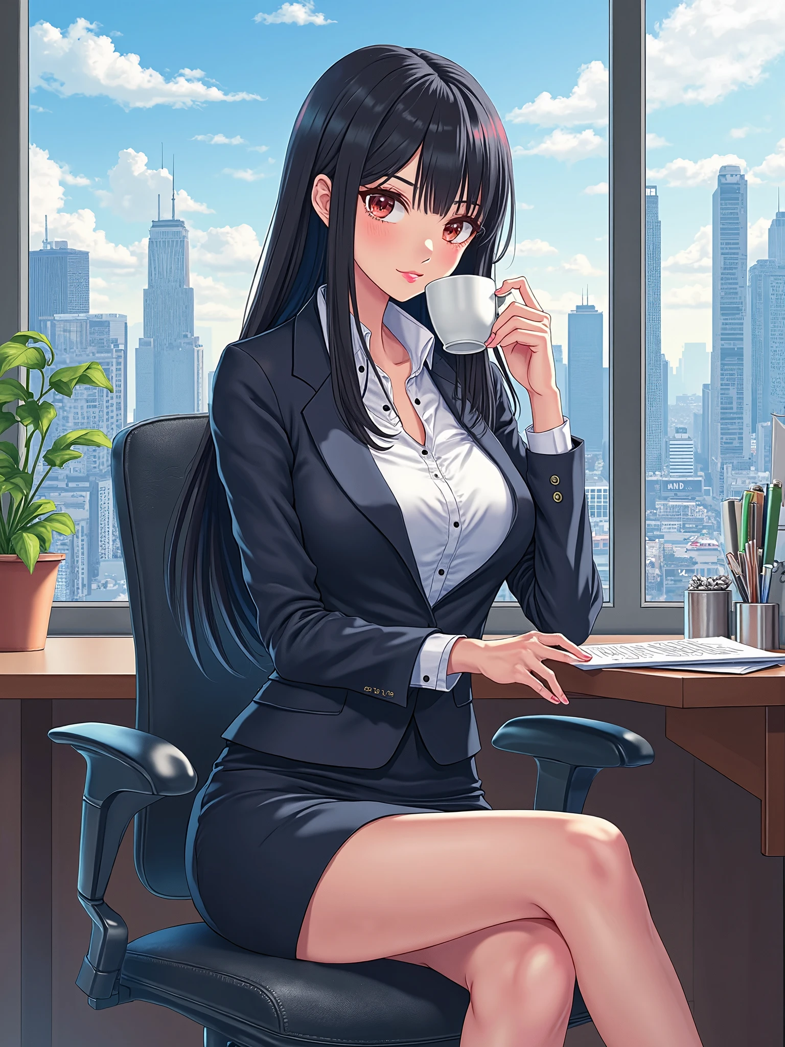 woman sitting, please have a coffee cup, Salaryman's attire, mature woman, /(black hair/) bangs, (A masterpiece of the highest quality:1.2) Delicate illustrations are drawn in super detail, Big breasts BREAK /(indoor modern office/), skyscraper with windows
