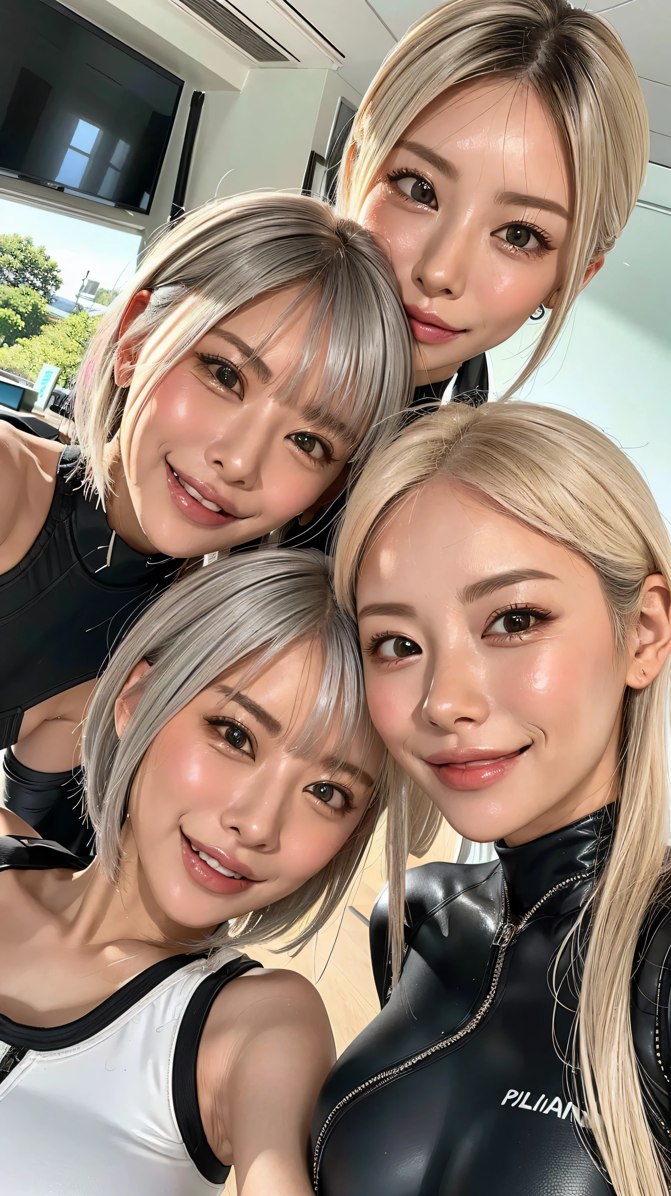 look at me、 big nipples , huge nipples,look at me with a smile 、vision、 two beautiful women 、Looking at Us Closer、looking at us with their faces close to the front、I'm looking at my beautiful platinum-colored hair at an angle 、close to the front 、 black wetsuit 、 、 、 、