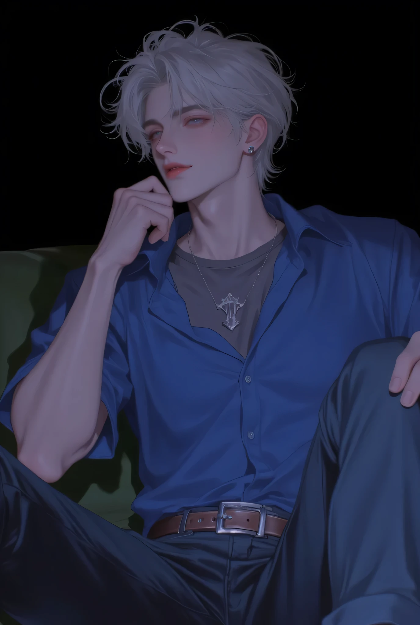 Animated illustration、 Pretty and handsome 、 Points under the eyes 、 hope 、Goodnight、 Lean muscles 、light、 Senseless Hairで睨む、僕は君をGoodnightしてるよ、20 years old、 Senseless Hair、light short hair、 Neat hair 、 highlight Porter、light eyes、 White skin 、Dear fans、Cardinal 、 Blue shirt with short sleeves 、 Beautiful, attractive、 , flowing Very well 、 painful facial color taken from the oblique side.、for the icon 、sitting on sofa 、black background 、He was wearing a technician's shirt. 、He was wearing a black T-shirt.