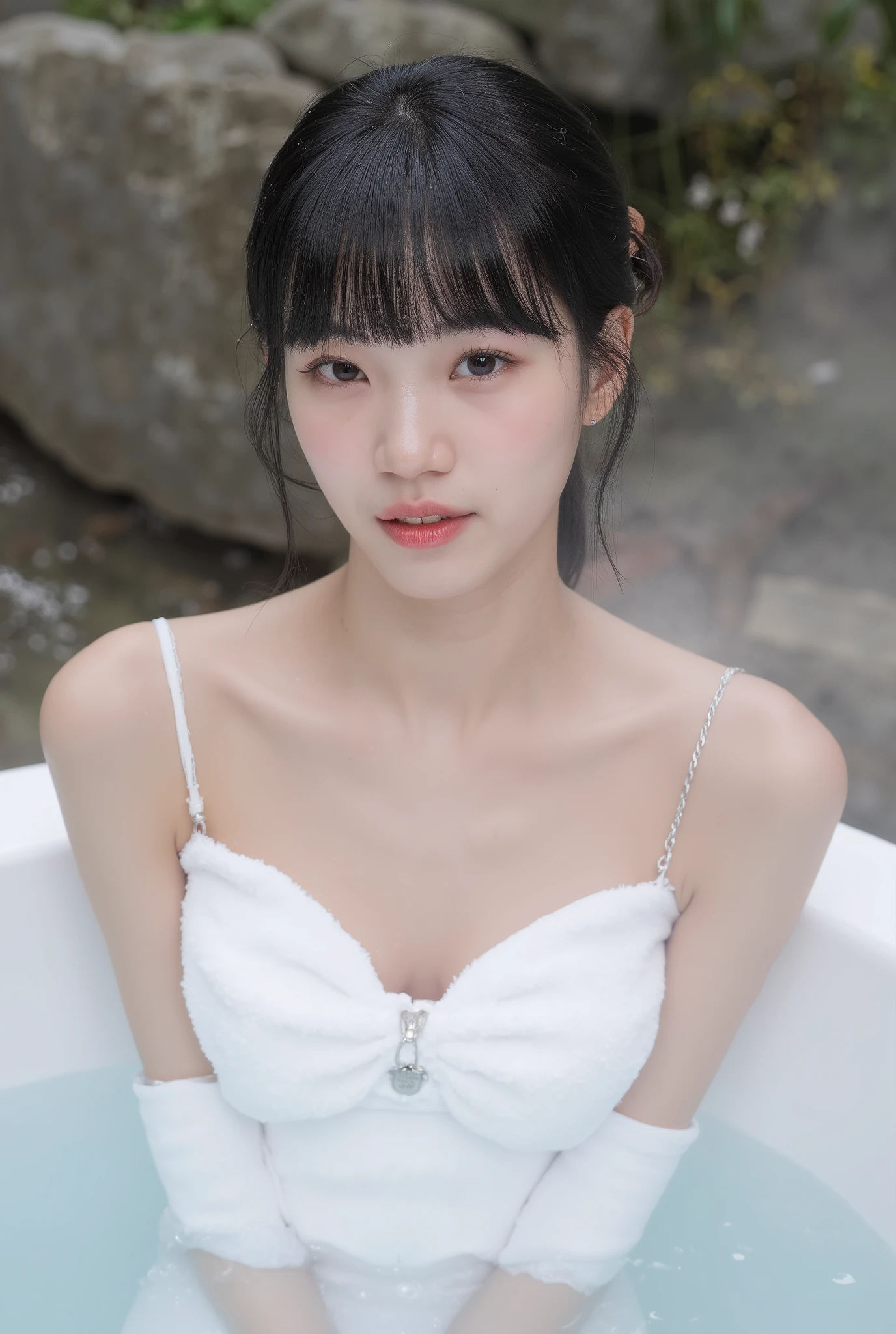 slender body , dark hair with bangs,All naked,naked, Chest for Men,small breasts,belly button,最high quality,high quality 、 Max image 、16k,最high quality 、 high quality 、最high quality 、 masterpiece 、 Realistic fingertip distance and approach 、 detailed and realistic weapon 、 Realistic skin down to the finest detail 、 Realistic Face with Attention to Details 、 detailed and realistic see 、 Realistic lip detail 、 messy side wave medium hair 、Realistic ears、 Accurate and realistic hair 、 Fine and realistic arms 、 Detailed and realistic 、 Every detail is realistically drawn 、((Beautiful viewing angle ))、( Japanese models), ( viewing angle )、(( BEAUTIFUL 18 YEAR OLD GIRL ))、(black hair)、( random hairstyles )、( sexy look in the dark ),((Beautiful tight Chest for Men))、(slim style、Slim Fit)、(Full body glossy skin、 white skin)、((Body wrapped in thin white towel))、((Thin towel(Her skin is visible through a wet thin towel))、(The shape of her nipples is clearly visible through a wet thin towel)、(Her skin is clearly visible through the wet thin towel)、beige underwear,Thin fabric underwear,((The wet thin towel sticks to her skin))、( Soft Natural Light )、(My and natural hot springs )、(( Hot springs surrounded by rocks))、((deep bathtub(Deep Hot Springs))、((Hot Spring Girl))、((Take a bath in a hot spring))、((Women warming up in hot spring))、(( Middle school daughter腰まで Middle school daughter and hot springs ))、(ansparent hot spring water))、(( Lots of steam rising from her upper body water ))、((Hot springs wrapped in thick steam))、((Steamy steam rising up)),,((very thin legs)),(( very thin waist)),in the garden,(( very small butt)),(((Very thin thighs))),(((very small breasts))),(Very flat boobs), beautiful girl with a thin body all over her body ,the skin is exposed on the navel and the area around it,open your mouth slightly, seductive smile, anatomically correct, accurate, high resolution, high detail, very detailed, textured skin, Sony FE GM, aperture value F1.8, Focus: 135mm, Beautiful Girl with a Hot Turn Woman,