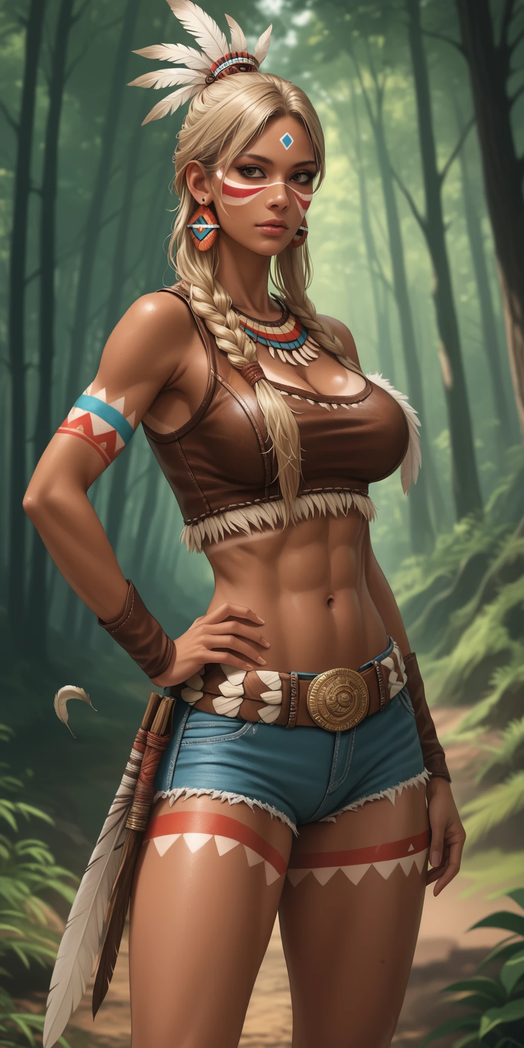 masterpiece, best quality, amazing quality, very beautiful, Absurd, latest, scenery, anatomically correct, 16k, UHD, accurate, expressive, anime screenshots, {{1girl solo}}, illustration, masterpiece, ultra-detailed, {{detailed shading, detailed skin}}, {{realistic skin}}, BREAK, anime influences, tanned skin, woman, revealing clothes, big breasts, tribal clothes, tribal paint, leather crop top, messy updo, light blonde, one hand on her hip, fierce gaze, axes holstered to the side, feathery clothes, medium shot, from waist up, tanlines, dreamcatcher earrings, athletic built, forest background, very tanned skin, native American woman, face paint, visible cleavage, hotpants, leather hotpants, tribal belt with feathers, hair adorned with feathers,