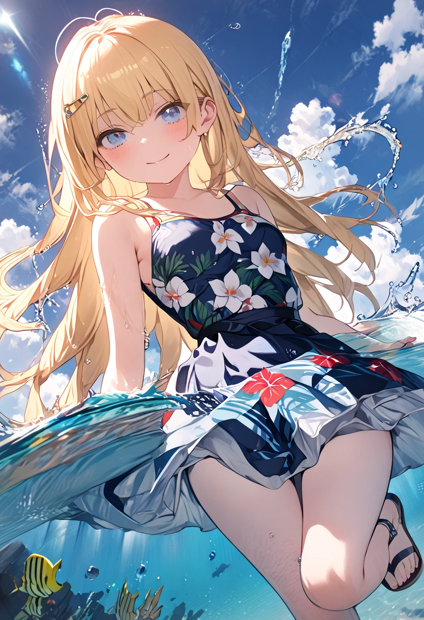 ((​masterpiece))、((top-quality)、(Super Detail)、8K、Delicate depictions are filmed in anime style。
(natta)、(Very long hair、Blond hair and bright blue eyes、）(Bring out your forehead:1.2)、Her blue eyes are highlighted。
The overall tone is brighter、she is smiling。appearance々Light-filled night pool, Summer, Bikini with red floral pattern,frilld、 directly in front、 Spiteful smile, Slouched, (sheet of spray:1.1), Floating water droplets, 
(((Night Pool))、((Fantastic.))