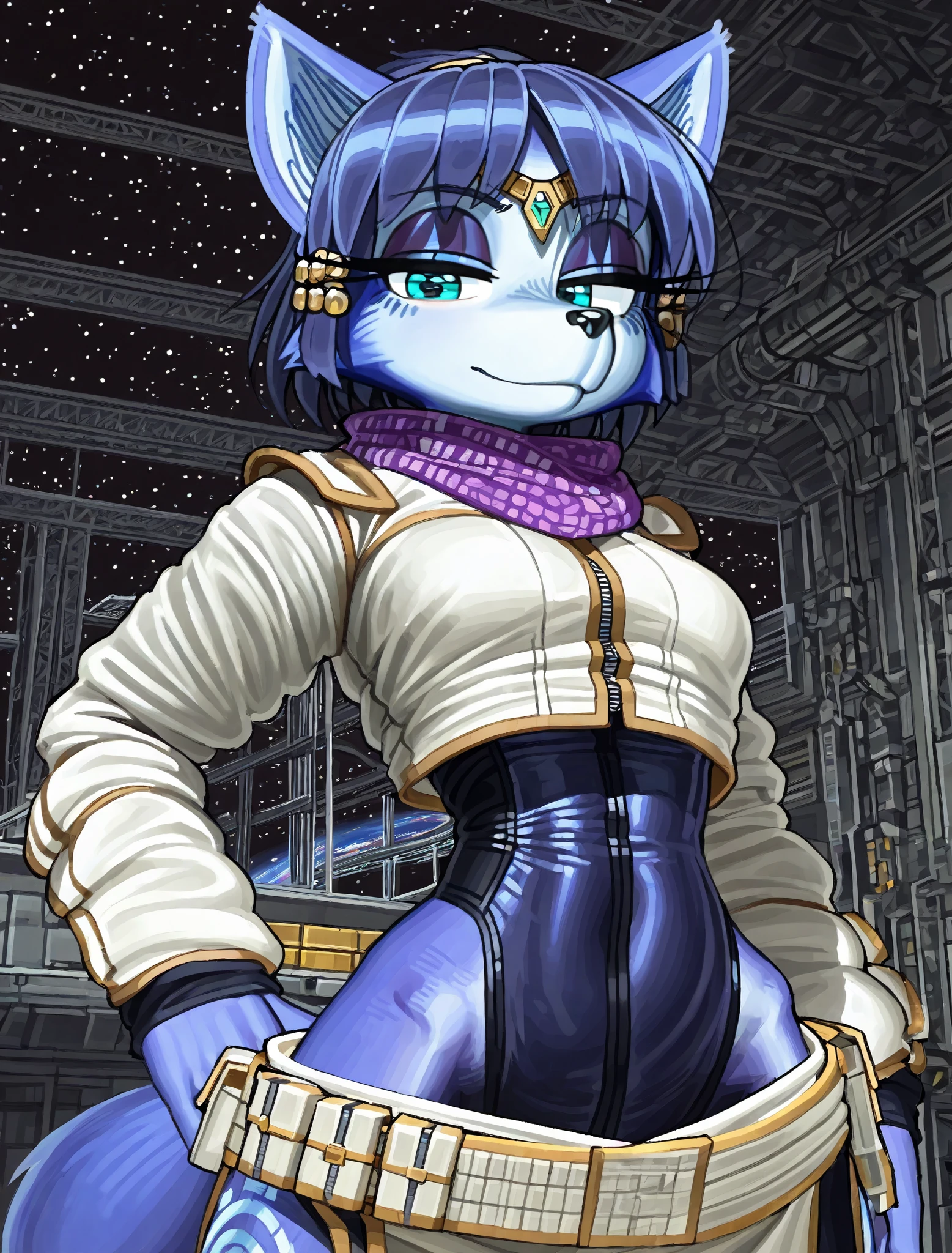 ((Krystal)), ((pixelsketcher style)), ((wamudraws style)), ((masterpiece)), ((high resolution)), ((solo portrait)) {(attractive figure), (toned body), (slim waist), (hip bones), (blue fur), (black nose), (pointed fox ears), (blue hair), (hair accessories), (turquoise eyes), (lidded eyes), (indigo eyeshadow), (long eyelashes), (calm look)}, {(navy blue bodysuit with reflective hexagonal pattern), (white jacket), (purple scarf), (utility belt)}, {(looking at viewer)}, ((hangar)), ((space)), ((cosmic sky))