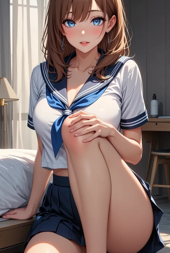 (((Nipples exposed from disheveled uniform)))、(((((have sex with a man and make him ejaculate)))))、((((insertion))))、((((((Lie on the bed and spread your legs))))))、Nipples protruding from the bra、((((feel shy))))、((a blond))、beautiful  Girl、Large beautiful breasts、cleavage of the breast、A slender、オマンコ、((smil))