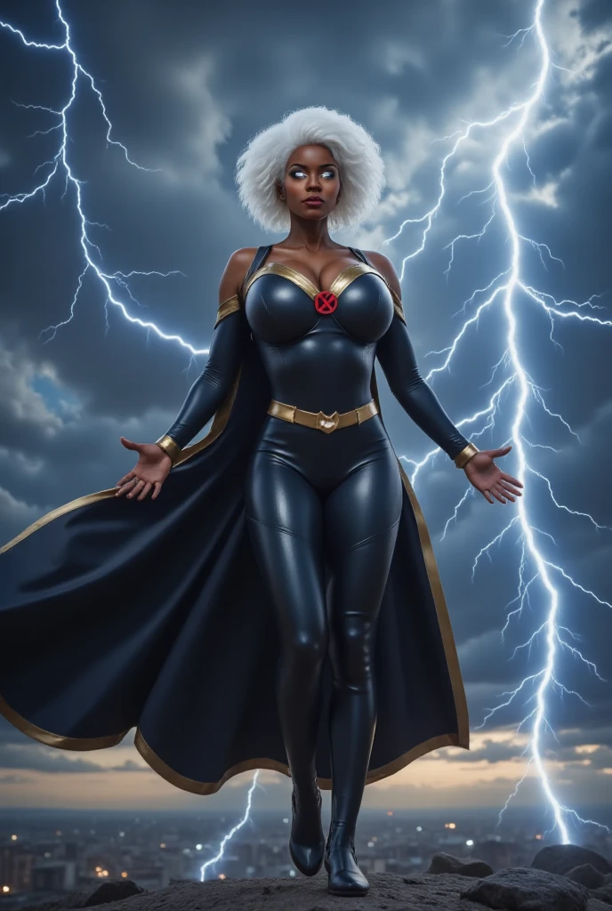 cinematic photo a black woman, full body, with white hair, white superhero suit, storm, white eyes, flying over capitol building washington DC, raining, dramatic, lightening. 35mm photograph, film, bokeh, professional, 4k, highly detailed, high saturation
