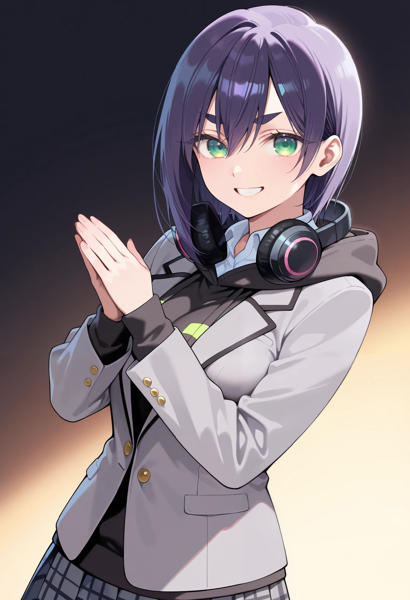 masterpiece, best quality, amazing quality, very aesthetic, absurdres,
EBKurumi, 1girl, solo, short hair, purple hair, thick eyebrows, green eyes, big breasts,,(aged up:1.2), school uniform, jacket, hood, hoodie, plaid skirt, headphones around neck, grey jacket, hooded jacket, collared shirt, white shirt,Dutch pose, dynamic angle,smiling, sending a greeting, simple background, no background, white and black gradient background,
