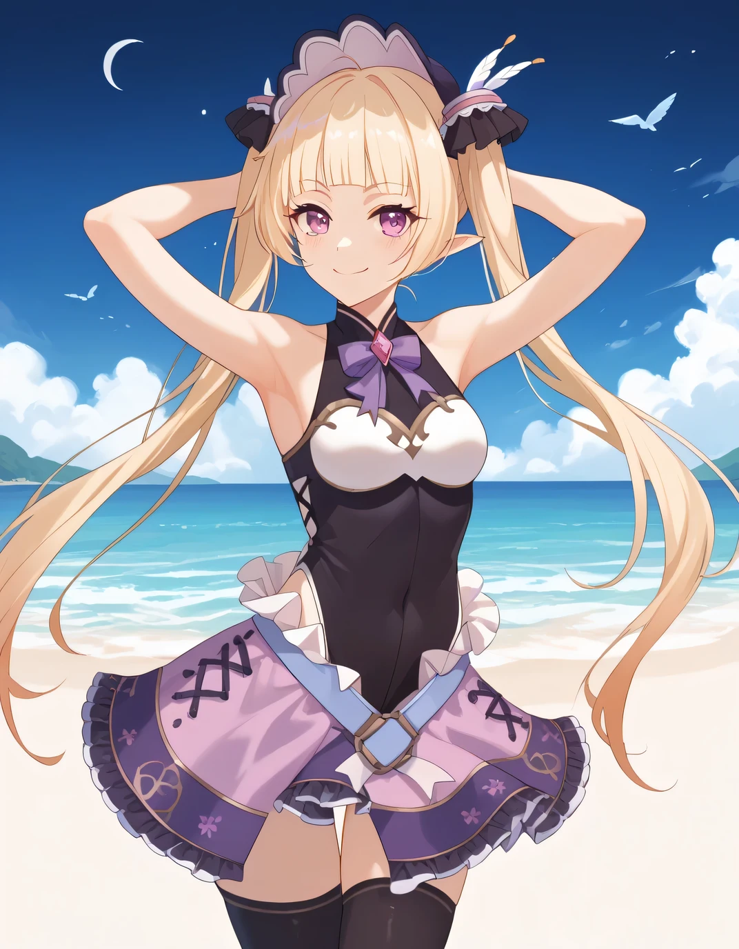YukiAstrum, game screencap, blond hair, twintail, long hair, black leotard, sleeveless, frilled skirt, purple skirt, black thighhighs, bare shoulders, blunt bangs, shiny skin, high quality, solo, night sky, beach, armpits, (hands behind head), ((contrapposto)), closed mouth, cowboy shot, looking at viewer, smile, best quality