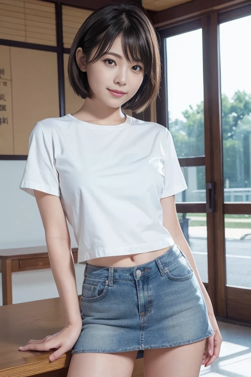 (((Open Stance)))、Large bust、 ((White lace T-shirt)), Gazing at the audience、((White shorts))、Standing with legs open to the sides、((Sexy young woman's body:1.4)),(Photorealistic:1.4)、Cinematic lighting、