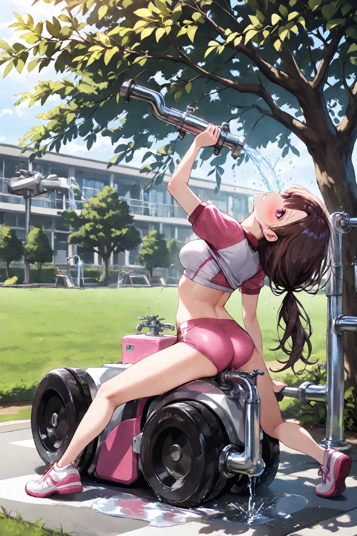 (round face), eyes with realistic sizing, drooping eyes, blush, sweat, shame, a housewife, (ecstasy face, lewd girl), (standing and straddling to hit her crotch against a vibrating grass trimmer, masturbating with complete concentration), braid, sneakers, angle from below,
