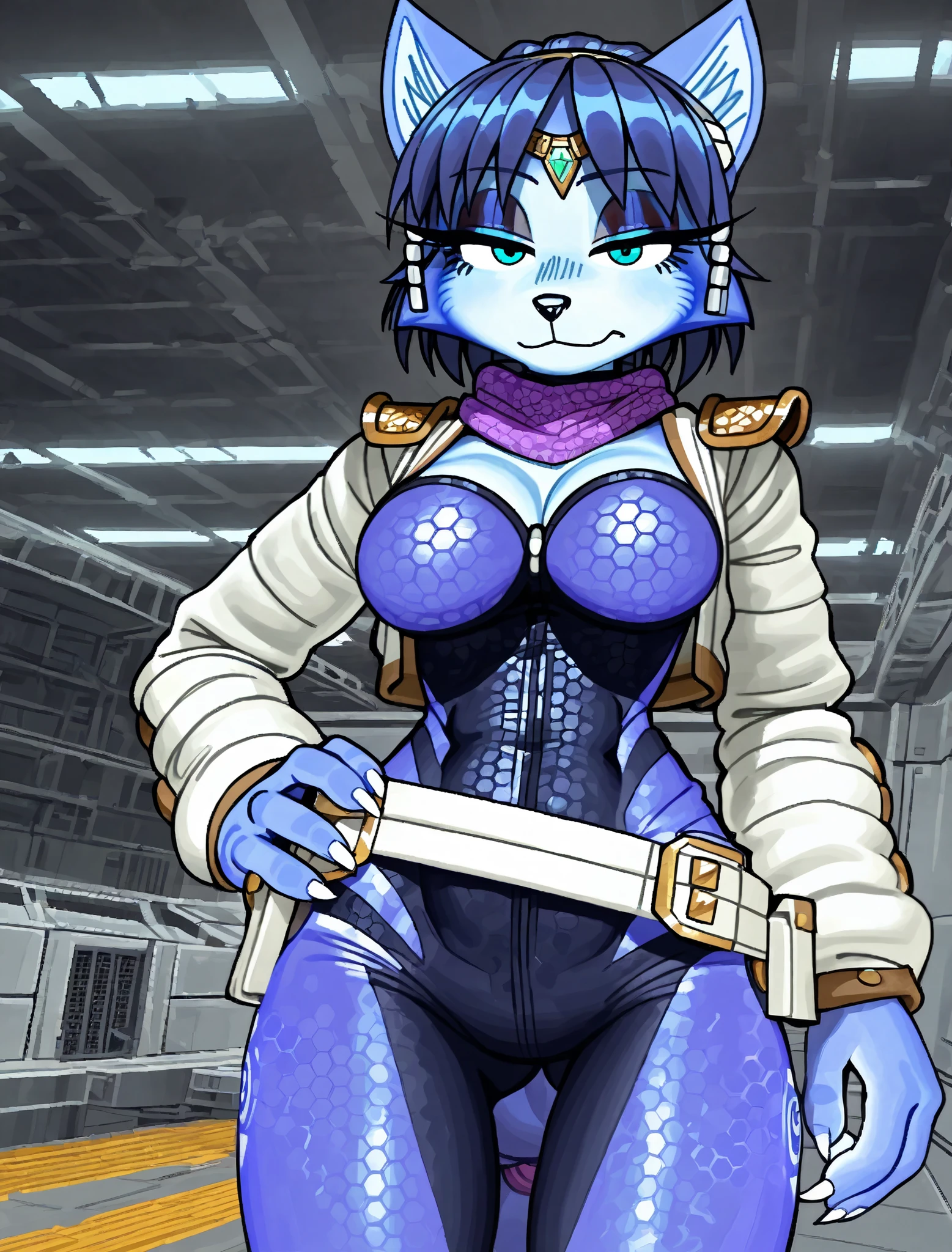 ((Krystal)), ((pixelsketcher style)), ((wamudraws style)), ((masterpiece)), ((high resolution)), ((solo portrait)) {(attractive figure), (toned body), (slim waist), (hip bones), (blue fur), (black nose), (pointed fox ears), (blue hair), (hair accessories), (sharp white claws), (turquoise eyes), (lidded eyes), (indigo eyeshadow), (long eyelashes), (calm look)}, {(navy blue bodysuit with reflective hexagonal pattern), (white jacket), (purple scarf), (utility belt)}, {(looking at viewer)}, ((hangar)), ((space