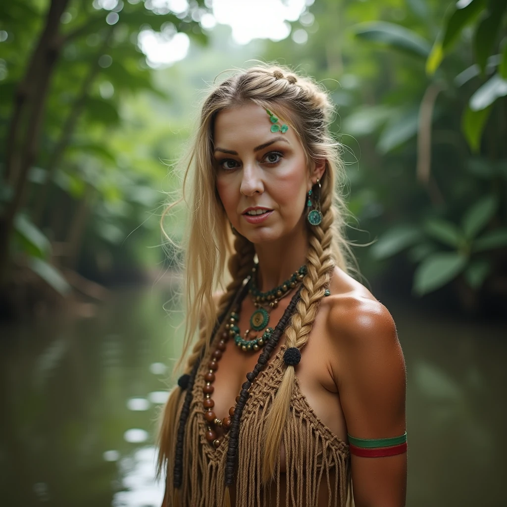 beautiful girl in the oasis waterhole,drinking with the animals