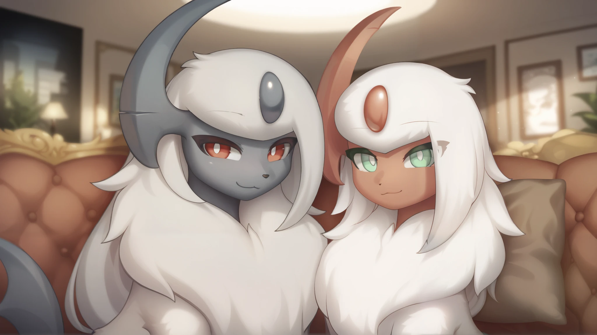 (high quality, high resolution), casal entre dois Absols, dois Absols, Absol shiny(| light green eyes , light red facial skin, light red claws, white pupils, Light red horns, through the white, large stripe, a lot of hair on her chest|), Absol(| red eyes, gray facial skin, Gray claws, white pupils, gray horns , through the white, large stripe, a lot of hair on her chest|), Pokemon \(creature\), looking at the spectator, smile in the shape of 3, Line smile, living room, no windows, Sitting together on the couch, in love, from the author: Zinfyu