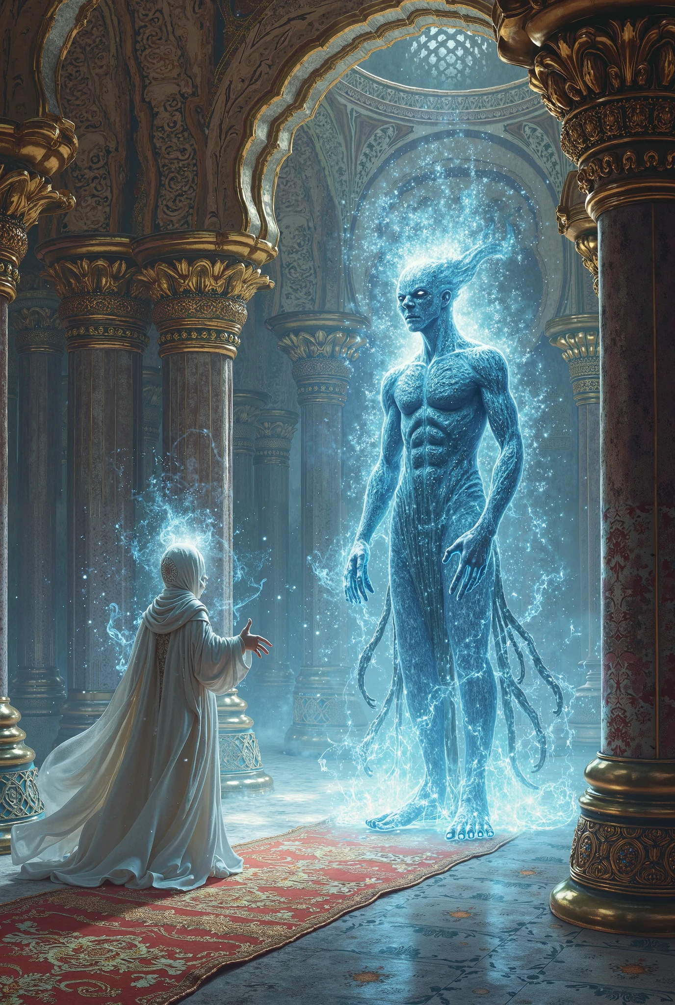 Creat a image,a Muslim king sitting on his chair and a jinn is standing up for the front of the old Muslim king