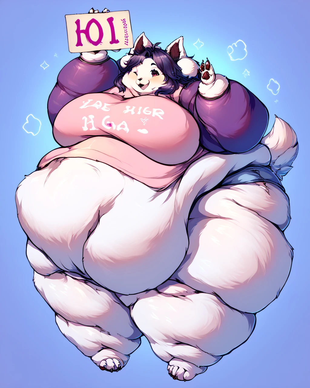 Silver wolf, female, huge breasts, huge hips, huge thighs, plump, voluptuous, morbidly obese, fat arms, fat legs, belly rolls, fat rolls,silver body,white spots,white markings, silver eyes,silver hair,shiny hair,messy hair,bikini,huge belly