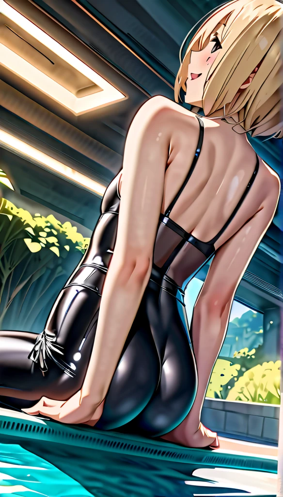 1 woman, standing, swimsuit, front view, close-up, bright lighting, indoor, plain background, neutral expression, athletic build, short hair, (best quality,4k,8k,highres,masterpiece:1.2),ultra-detailed,(realistic,photorealistic,photo-realistic:1.37),HDR,UHD,studio lighting,ultra-fine painting,sharp focus,physically-based rendering,extreme detail description,professional,vivid colors,bokeh,portrait,photography,natural lighting,warm colors