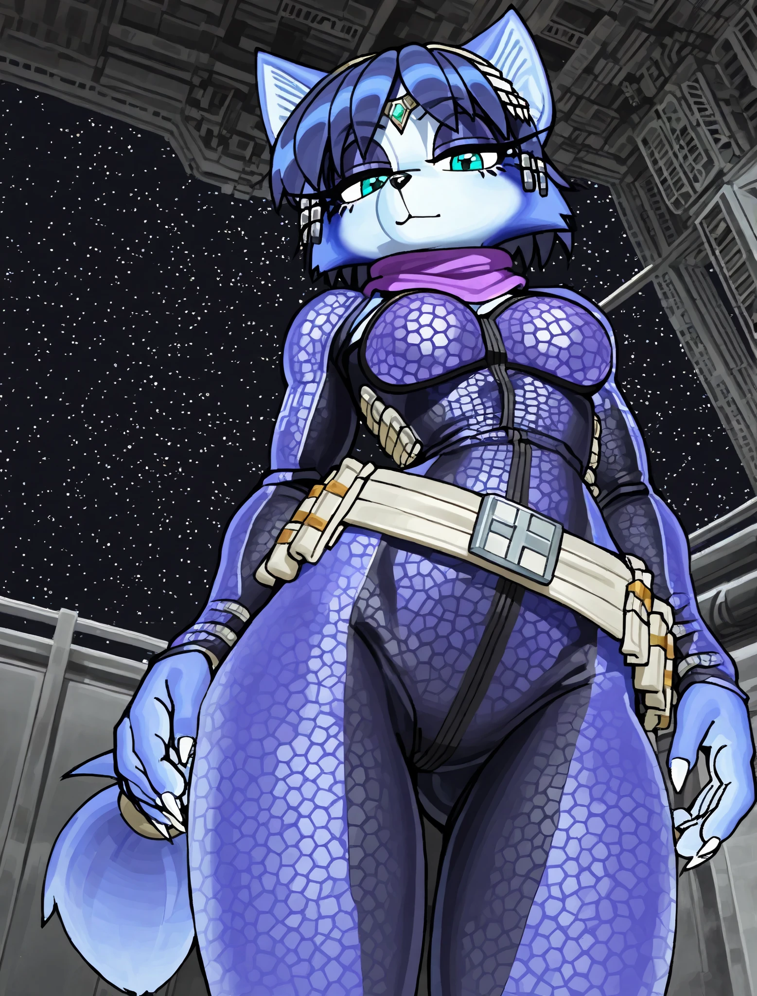 ((Krystal)), ((pixelsketcher style)), ((wamudraws style)), ((masterpiece)), ((high resolution)), ((solo portrait)) {(attractive figure), (toned body), (slim waist), (hip bones), (blue fur), (black nose), (pointed fox ears), (blue hair), (hair accessories), (sharp white claws), (turquoise eyes), (lidded eyes), (indigo eyeshadow), (long eyelashes), (calm look)}, {(navy blue shoulderless bodysuit), (long sleeves), (reflective hexagonal pattern), (purple scarf), (utility belt)}, {(looking at viewer)}, ((hangar)), ((cosmic sky)), ((space)),