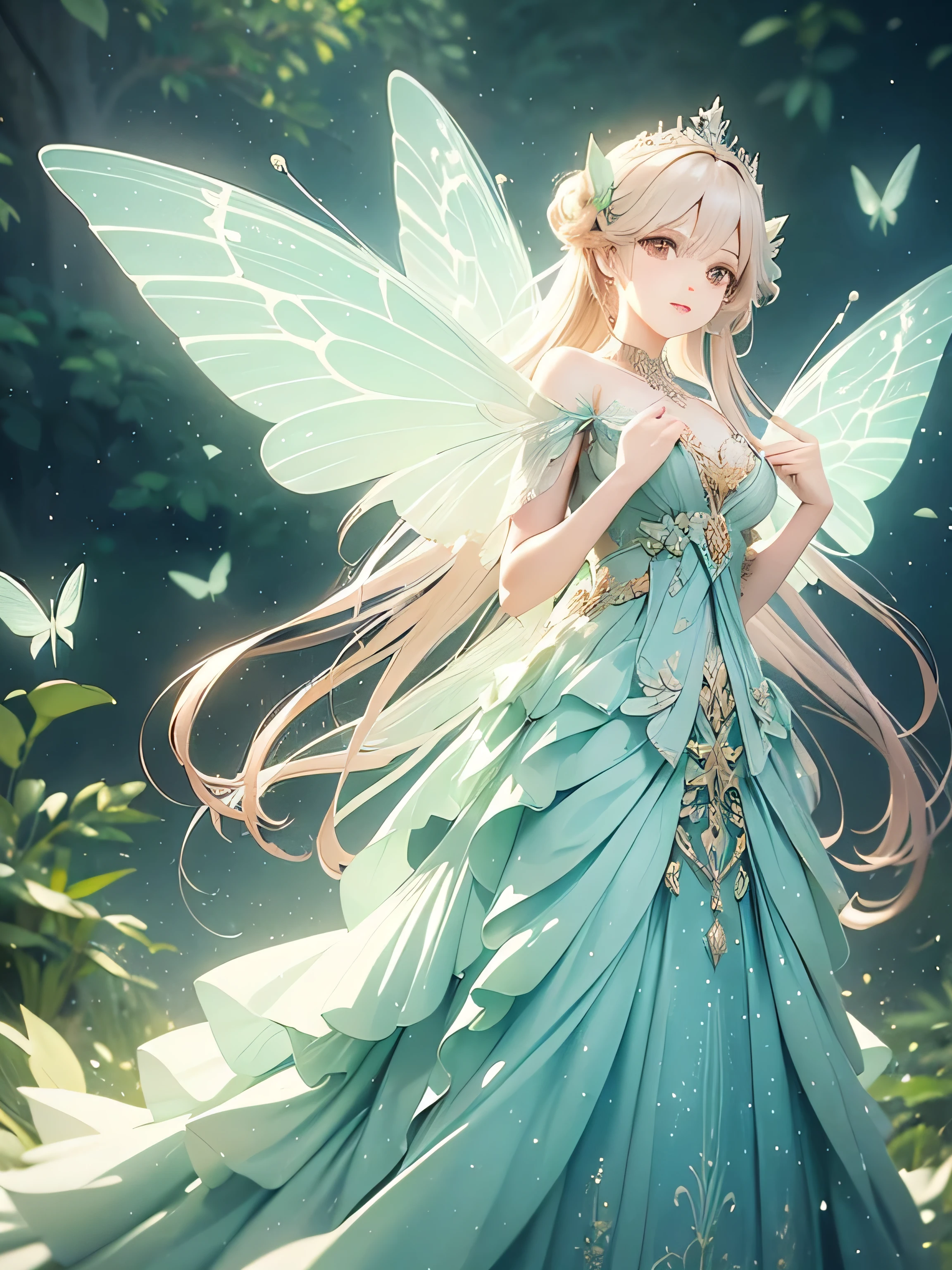 Alternative Concise Prompts:
Forest fairy, shimmering wings, jeweled gown, sunlight.
Anime girl, butterfly wings, magical forest, pastel colors.
Ethereal fairy, translucent wings, flowing dress, green background.
Alternative Slightly More Descriptive Prompts:
Graceful fairy with delicate, colorful wings, a long flowing pastel dress adorned with jewels, standing in a vibrant, sun-drenched forest.
Fantasy art: a beautiful fairy with large, iridescent butterfly wings, wearing a shimmering, multi-layered gown, with long blonde hair, in a magical forest setting.
Digital painting: a slender fairy with large, glowing wings, a detailed pastel dress with intricate embellishments, soft lighting, and a lush green forest background.
Alternative Prompts Focusing on Different Styles/Keywords:
"Dreamy fairy" digital art, large iridescent wings, pastel gown, soft focus, forest bokeh. (Focuses on mood and soft aesthetics)
Art Nouveau fairy, flowing lines, butterfly wings, jeweled dress, forest setting. (Specifies a particular art style)
CG render, fairy, detailed wings, ornate dress, forest environment, realistic lighting. (Emphasizes a 3D rendered look)
Fairy princess, tiara, large wings, elegant gown, magical forest, cinematic lighting
Key Changes in Focus:
Emphasis on "Ethereal" or "Dreamy": Some prompts highlight the soft, magical quality.
"Art Nouveau" Style: This prompt tries a specific art style known for flowing lines and natural motifs.
"CG Render": This aims for a more photorealistic, computer-generated look.
"Fairy Princess": Adding keywords to give a more royal and elegant look.