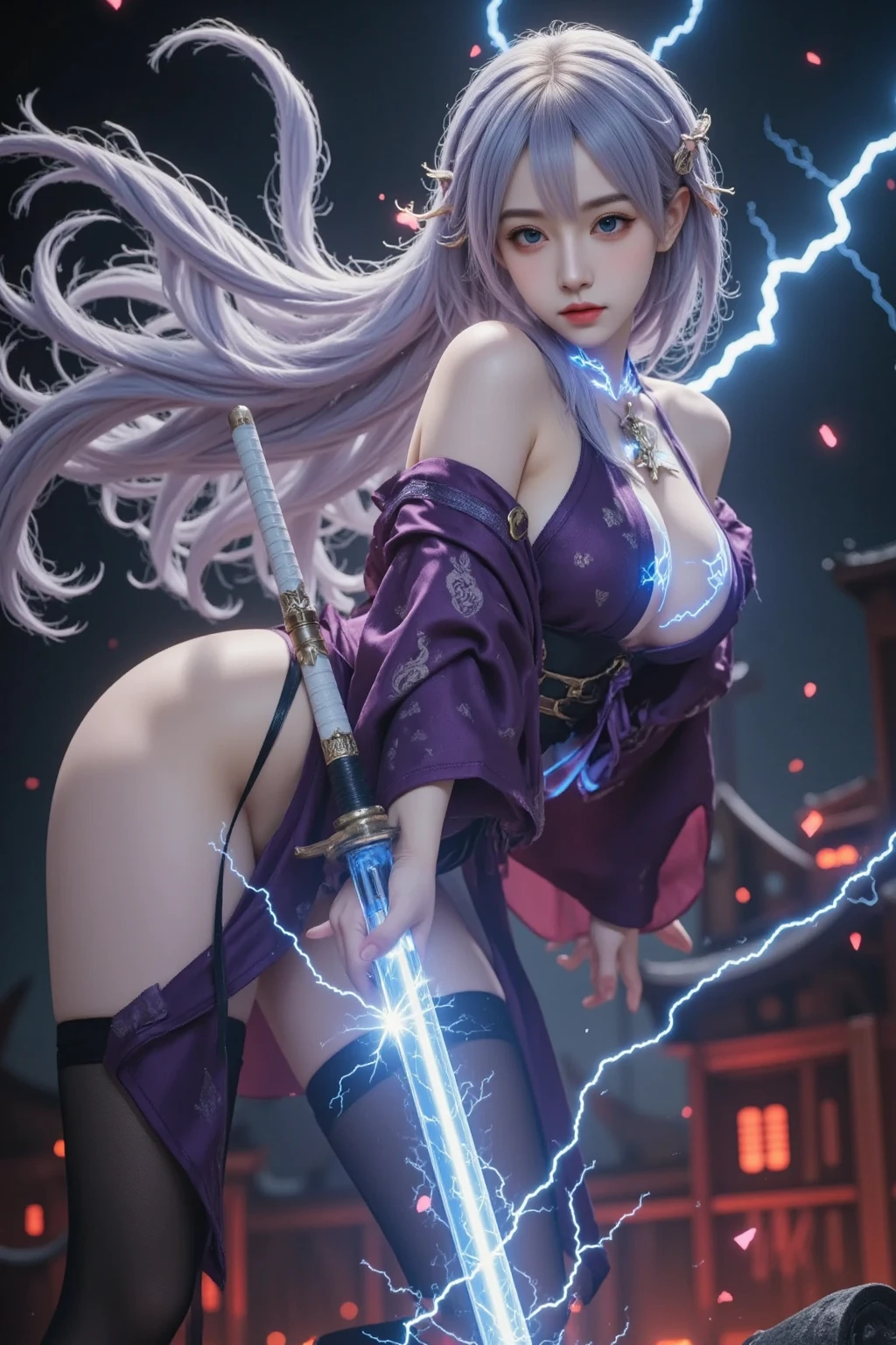Actress Pose、True Face、From the knee up、(Dark silver hair)、Long Hair、Sex Appeal、Shiny、Japanese、The beauty of kimono、Japanese military commander、Warrior、Simple、Sharp eyes、height: 180cm、Dark red lipstick、30 years old、成熟したwoman、An illustration、slim and muscular、woman、Threatening、dignity、aura、Updo、ponytail、I can see your thighs、The skin on the shoulder is visible、Dark silver hair、Gorgeous floral patterned kimono、Studio Lighting、Big Breasts、Fancy hair accessories、Flower kanzashi、Bright purple kimono、Look at this、Smiling with teeth showing、Confident expression、Kimono with cute flowers scattered all over、Nipples exposed、Pubic hair exposed、Genitals exposed、Breasts exposed、Black latex thigh high stiletto boots、
