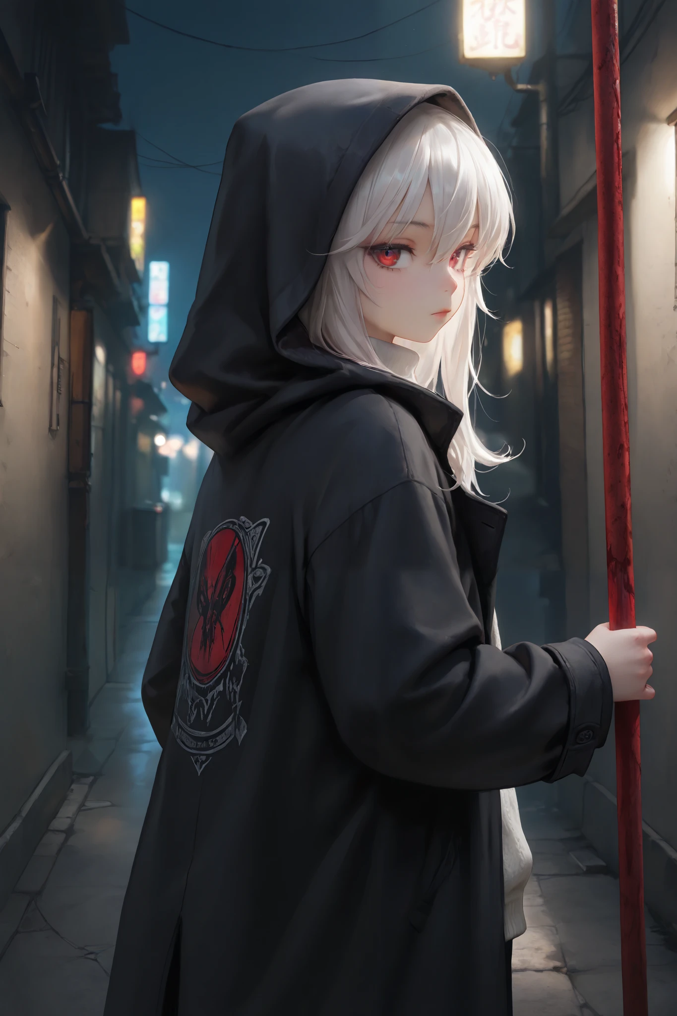 masterpiece, best quality, detailed eyes, semi realistic, 8k, girl, cute, small, sister, pure, young face, oversized black hood coat, black jean, white sweater, short long white gray hair, red eye, midnight city, solo character. looking at viewer, wearing hoodle, holding short battle pole, emotionless, night time, narrow alley background, back pose