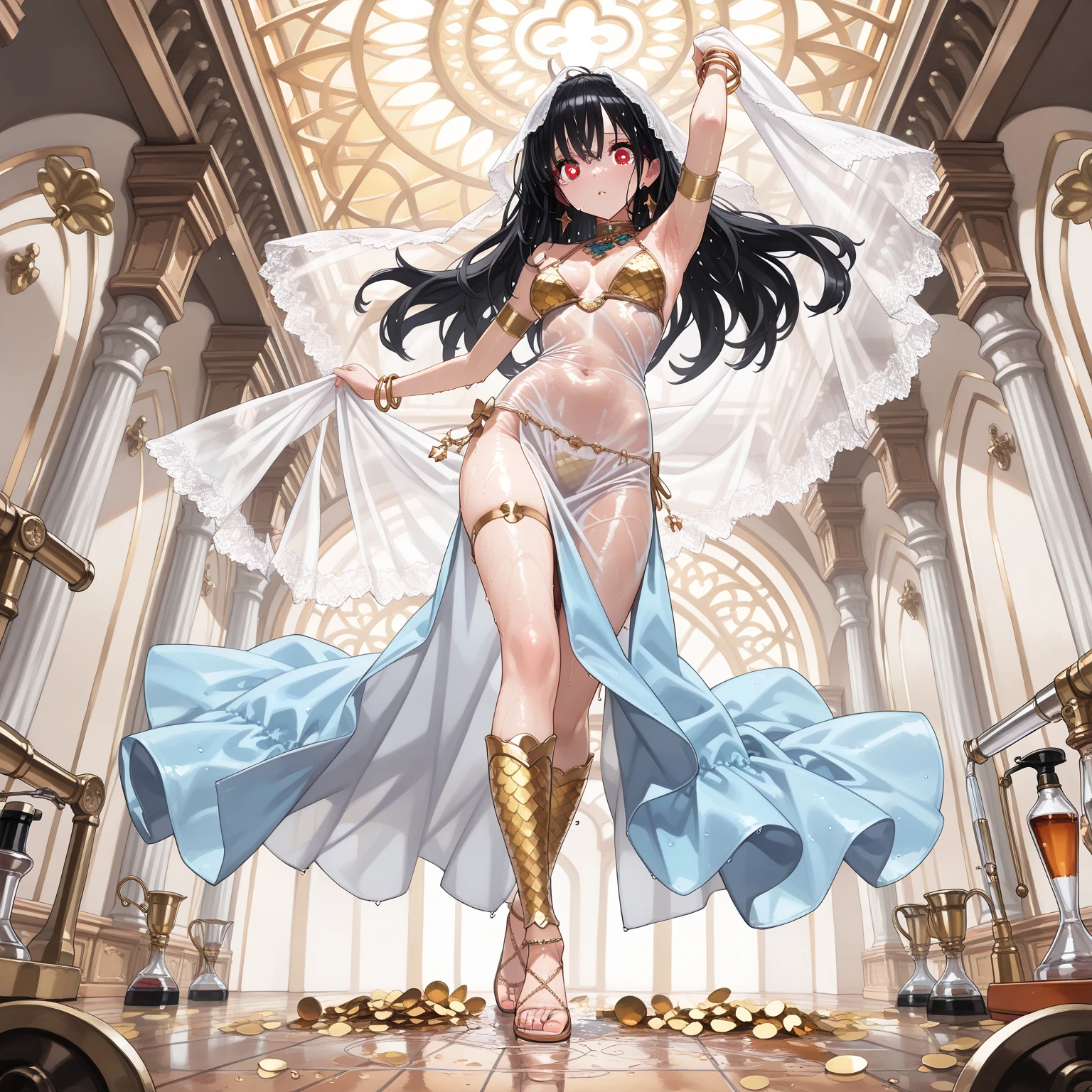、harem、Young girl dancing wearing a white bikini、long black hair、wheat-colored skin、barefoot、anklet、bracelet、palace、lots of western lights、scarf、gypsy、Loma、fortune teller、(thin cloth face veil:1.4)