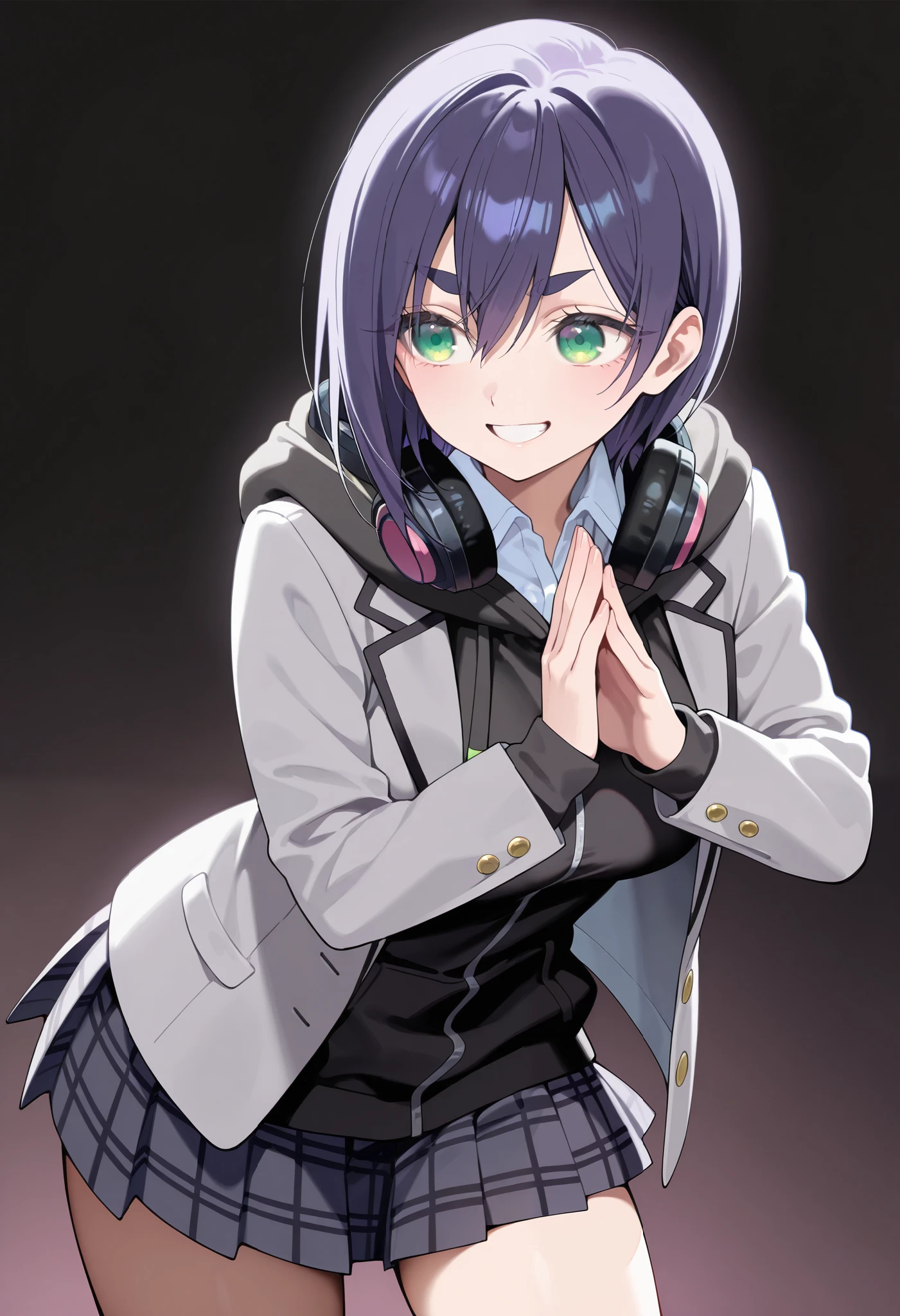 masterpiece, best quality, amazing quality, very aesthetic, absurdres,
EBKurumi, 1girl, solo, short hair, purple hair, thick eyebrows, green eyes, medium breasts,,(aged up:1.2), school uniform, jacket, hood, hoodie, plaid skirt, headphones around neck, grey jacket, hooded jacket, collared shirt, white shirt,Dutch pose, dynamic angle,smiling, sending a greeting, simple background, no background, white and black gradient background,
