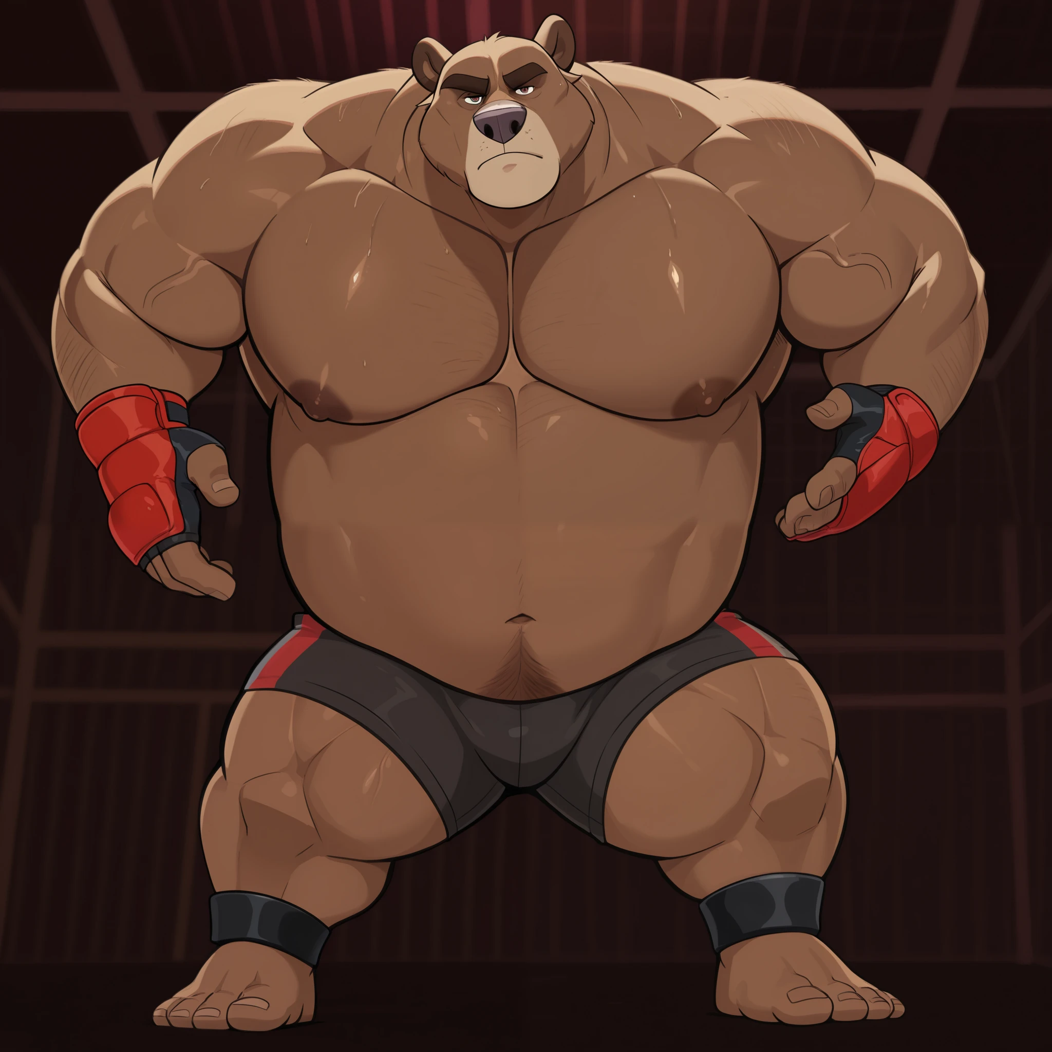 Solo, 1boy, Muscular Old, grunts, focus, look at viewer, wide shoulder, pectoral, thick arms, huge pectoral, wide pectoral, height: 220cm, weight: 440lbs, a Kodiak brown bear in a black MMA shorts with red stripes and slits, wearing an MMA gloves with red knuckle pads and an ankle support brace as he workouts in the gymnasium warehouse, Walt Disney 2D Zootopia Animation Art Style,
