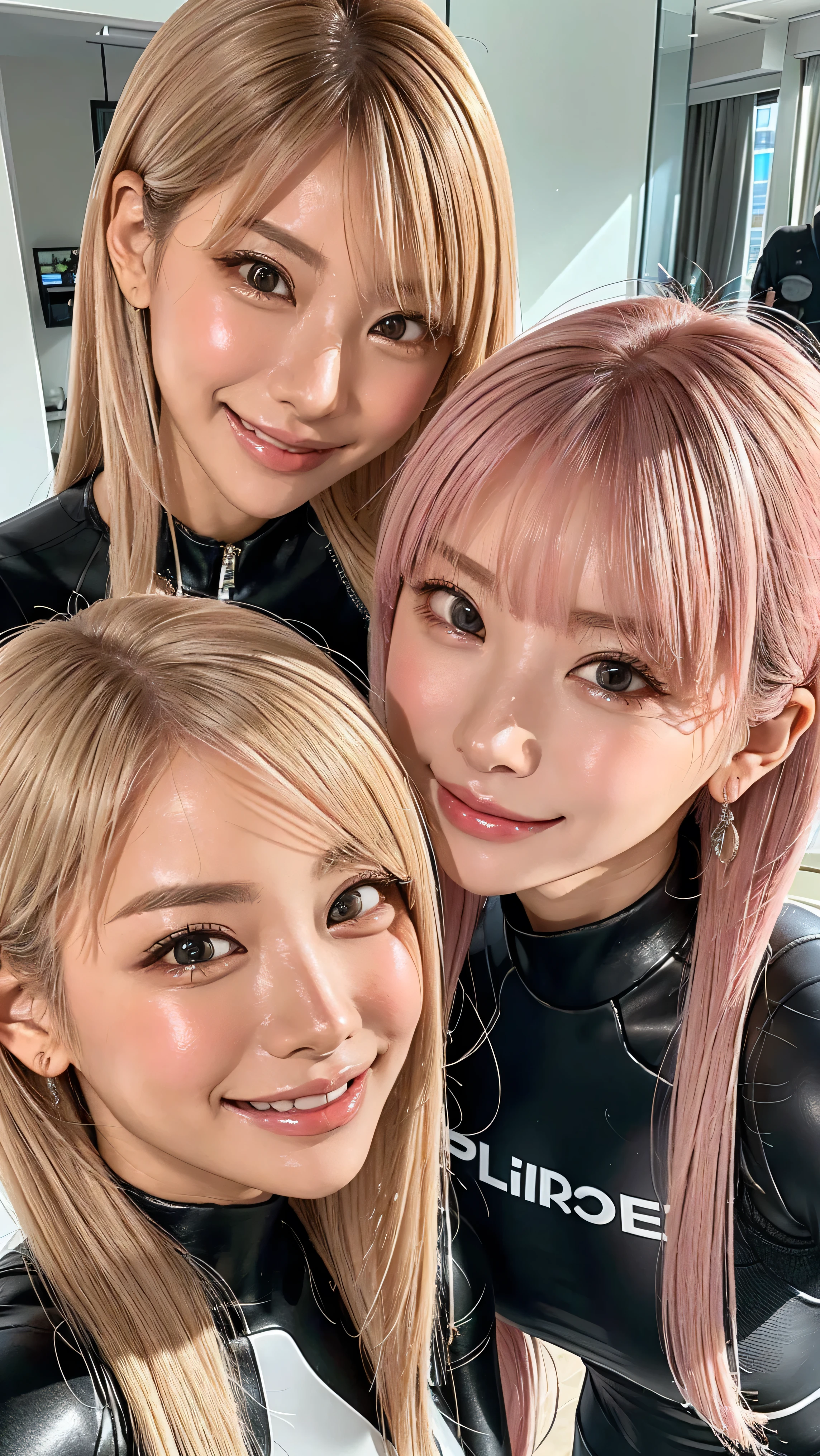 look at me、look at me with a smile 、vision、 two beautiful women 、Looking at Us Closer、looking at us with their faces close to the front、I'm looking at my beautiful platinum-colored hair at an angle 、close to the front 、 black wetsuit 、 、 、 、