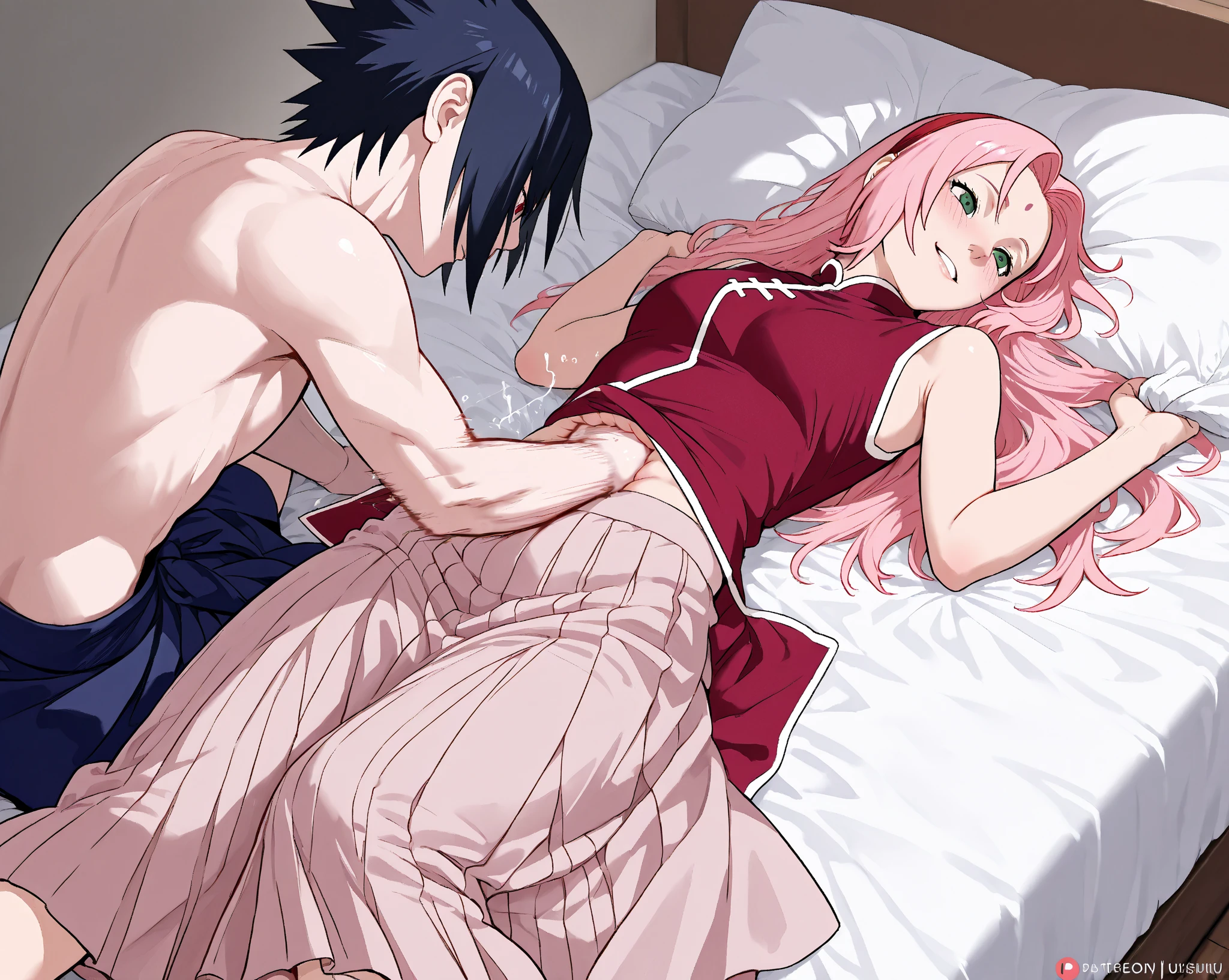 anime couple lying in bed hugging, sfw version.(anime) (my hero academia) An attractive young adult boy (little long reddish hair tied) (green eyes)(serious look)(cross tattoo on neck he is shirtless wearing black shorts barefoot ) lying on a bed hugging a girl (long light purple hair. violet eyes.lined under the eyes.violet dragon tattoo on neck.serious look with a blush.attractive) .Wear sexy black lingerie, big breasts.Sitting on the boy's lap.Elegant room background.