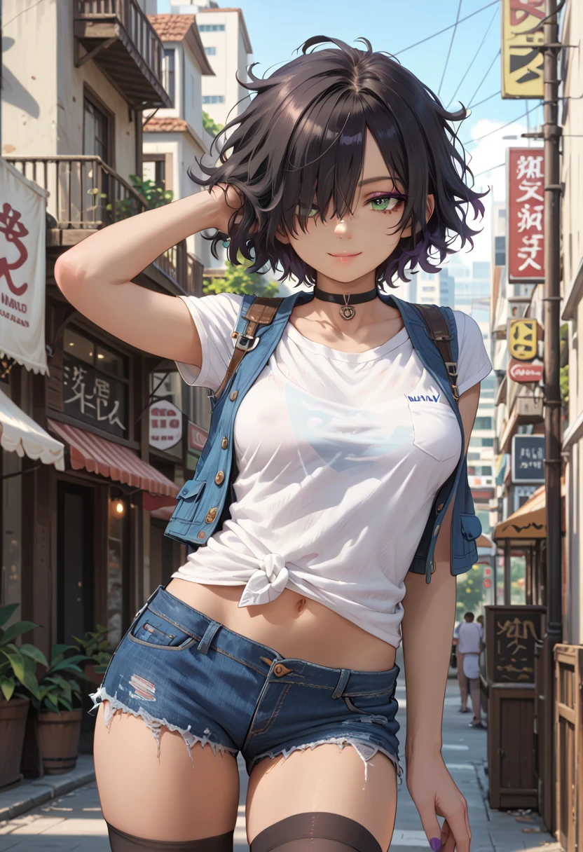 1 girl, 12years old, black hair, black hair,short hair, short hair, floating hair, messy hair, hair over one eye, hair covers one eye, hair cover one eye, big green eyes, purple makeup around the eyes, choker, medium breast, medium breast, brown skin, brown skin, brown skin, seductive smile, white short-shirt, short jean blue vest, short jean blue vest, short jean blue vest, show navel, short skirt, ((long black stockings)), brown short-boots, master piece, high quality, detailed, detailed_background, purple nails, no human ears, in a city,