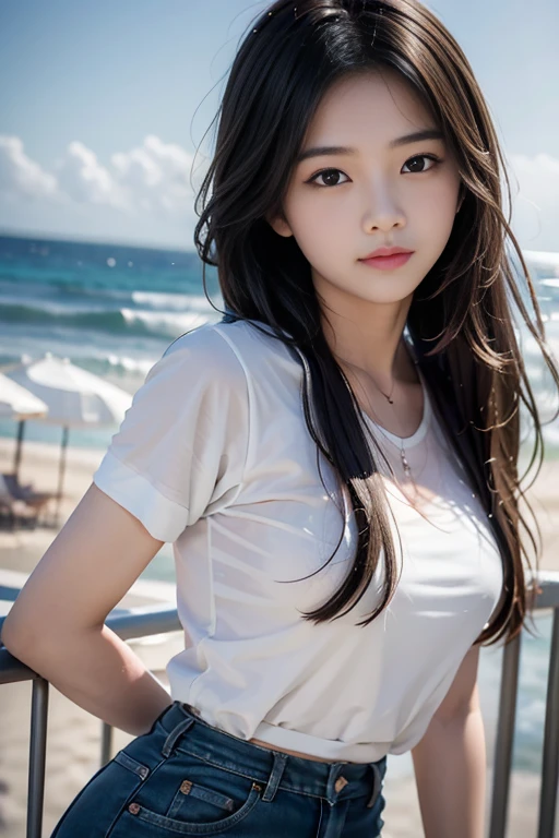 Beutiful women,Korean girls,Air bangs,cabelos preto e longos,Elongated,高画質,high-school,Aqua blue skirt,During the day,Seafront,face clear,二重まぶた,largeeyes,ssmile,Fair skin,white teeth,Wavy hair