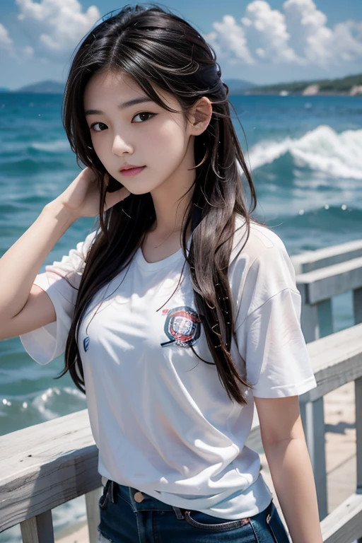 Girl posing for photo in sailor suit, on cruise ship, wet skin, flowing hair, tiger teeth, upper body, cropped T-shirt, blue and white, slim body, oversized bust, slim girl model, 24 year old female model,
