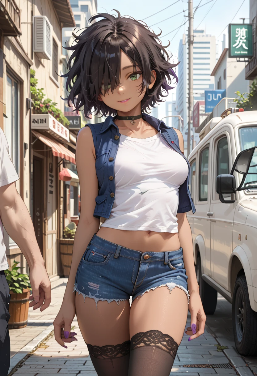 1 girl, 12years old, black hair, black hair,short hair, short hair, floating hair, messy hair, hair over one eye, hair covers one eye, hair cover one eye, big green eyes, purple makeup around the eyes, choker, medium breast, medium breast, brown skin, brown skin, brown skin, brown skin, brown skin, brown skin, brown skin, seductive smile, white short-shirt, short jean blue vest, short jean blue vest, short jean blue vest, show navel, short skirt, ((long black stockings)), brown short-boots, master piece, high quality, detailed, detailed_background, purple nails, no human ears, in a city,