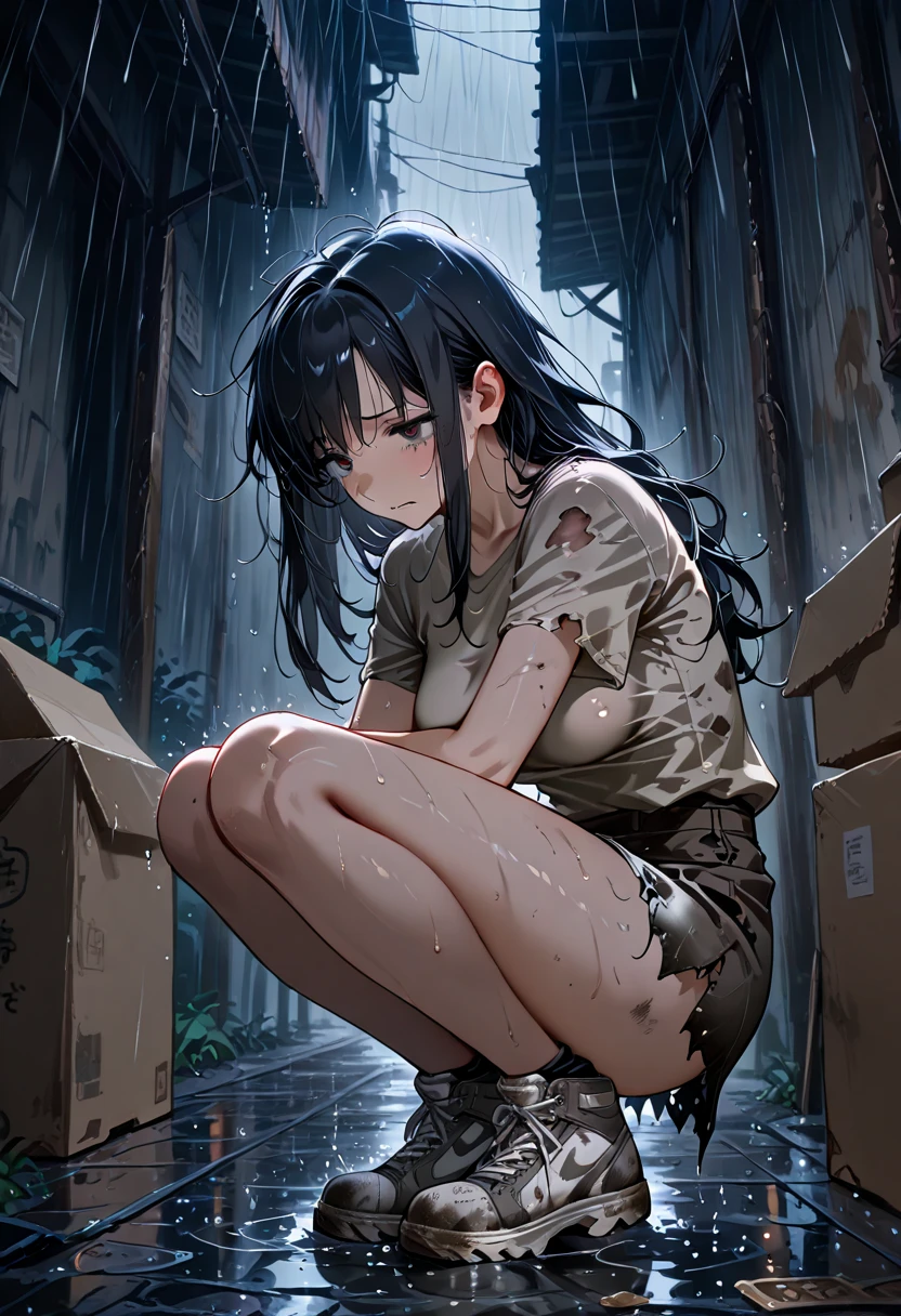 Short-cut, dark-haired, sweaty, scarred, and cute Japanese high school girl fighter. She is lying in an alleyway. She is gasping for breath with one eye closed. Tiny breasts. Torn . An earnest-looking male student is fighting to protect her.
