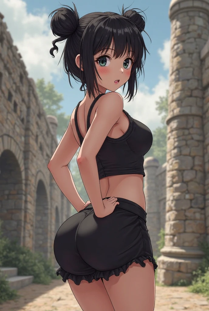 Black hair, Medium bob hair,, has big breasts and big butt、(barechested)、Do squats.、Has soft and light muscle-like abdominal muscles。。。。。), (Sweating) ,(Beautiful scenery),(Perfect face), blush, 1girl in, Solo, Ass POV, deadpan, Squatting, Full body,extremely big ass、Big breasts、full of sweat、Nothing is worn、seductiv、seduction face、