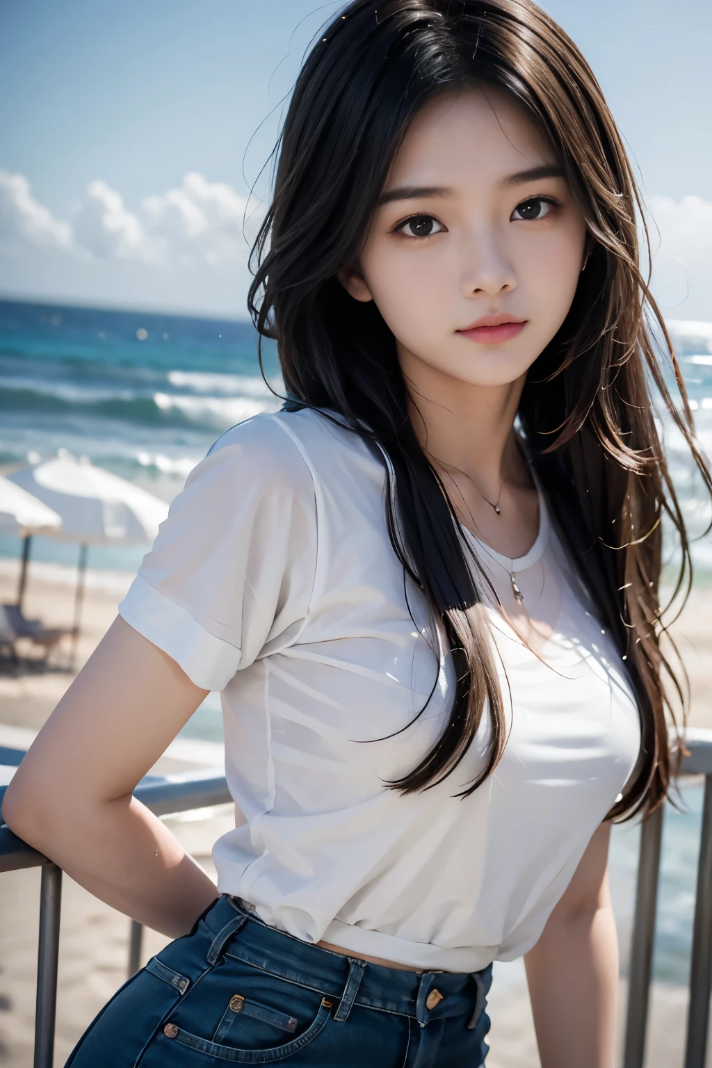 ultra detailed, highres, (realistic, photo-realistic:1.4), 8k, raw photo, (masterpiece), (best quality), physically-based rendering, Female college student, long brown hair, Korea, beach, looking, stocking, unbuttoned_white_shirt,