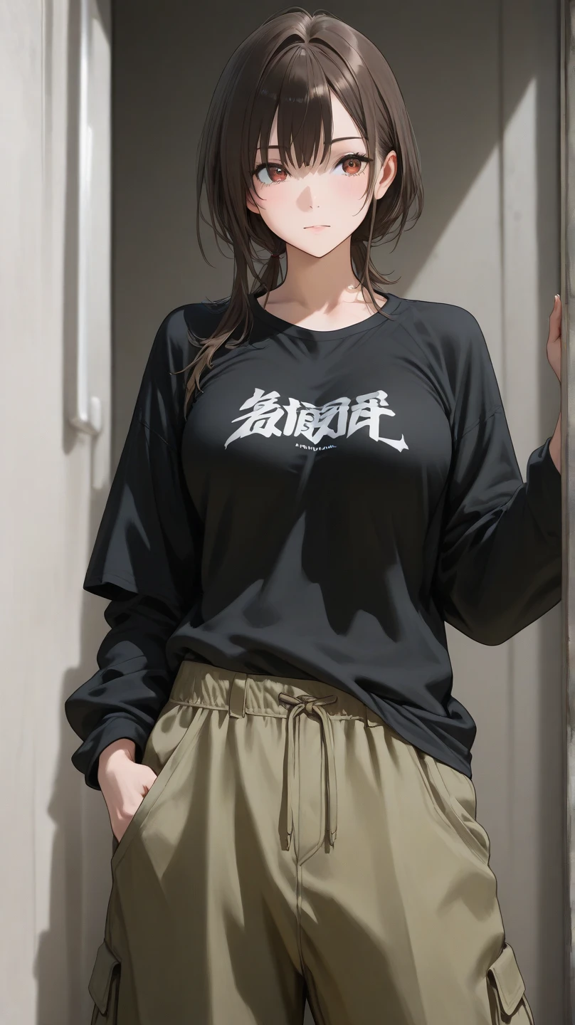 ((masterpiece, best quality)),((highres:1.2)), 1 Girl, solo, Blurred Background, (((Small breasts))), Thighs, (Stripe underwear), T-Shirts,