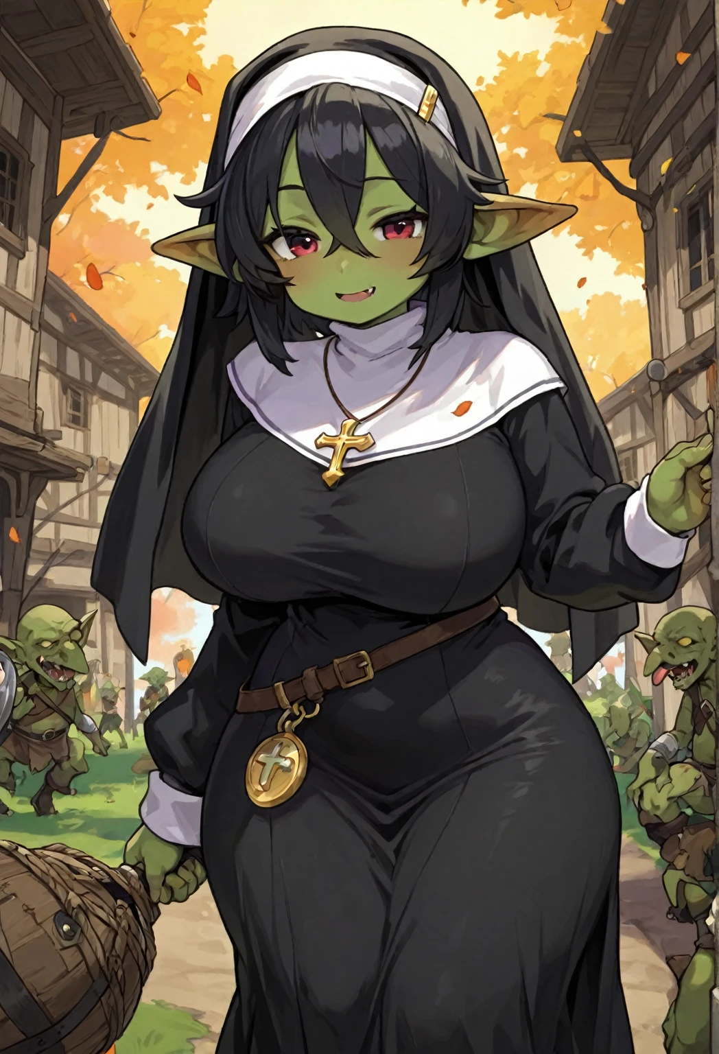 1girl,solo,goblin girl,black hair, short hairs,red eye,huge breasts,smug,crown,magic wand in hand,wizard robe,ring earrings,indoors