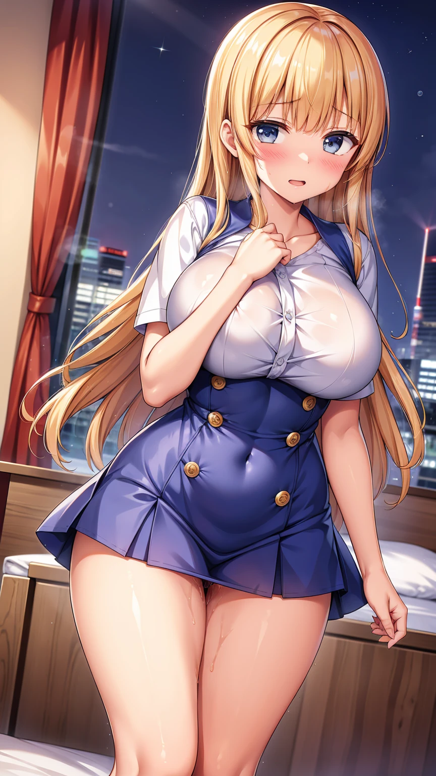 masterpiece, (best quality), game cg, highly_detailed, extremely_detailed_CG_unity_8k_wallpaper, illustration, highres, absurdres, pov, window shade, light particles,
1girl, solo, mature female, milf, indoors, night, bed, portrait,
(student), school_uniform, shirt_lift, mole, skirt, serafuku, (white legwear:1.3), navel,
(blue eyes), (blonde hair), long hair, (huge breasts), looking_at_viewer,