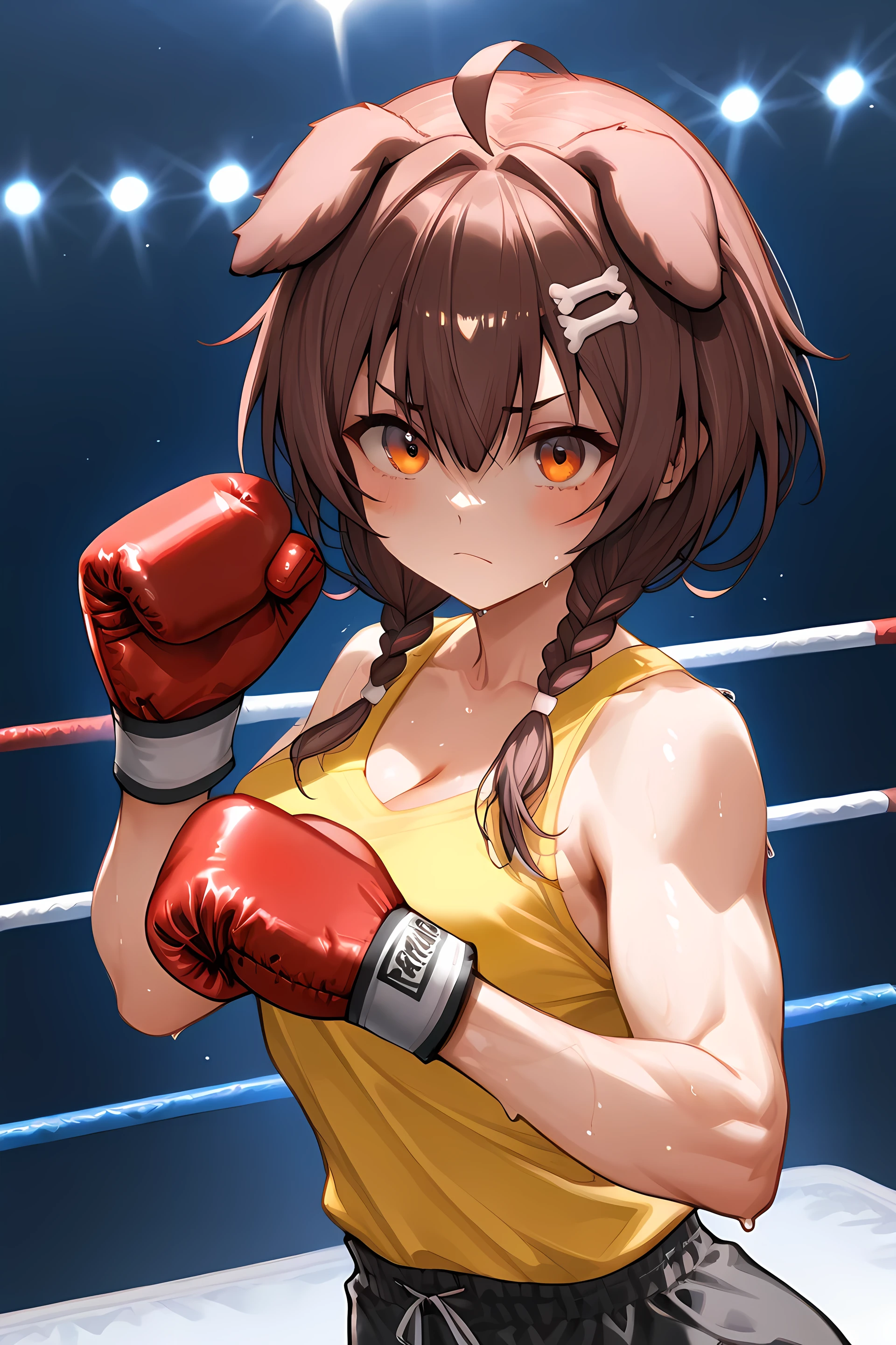 high quality,4K,8k, ultra-fine in 8K,HDR,UHD,Ultra Fine Art,Sharp Focus,Physically Based Rendering,Super Detail,professional,vivid colors,bokeh,indoor,Workout Gym,Inugami King/Hololive,Sportswear,yellow tank top,black pants,sweat,serious face,natural light,soft light,Delicate skin,smooth curves,sexy,delicate,fascinating,delicate texture,Three-dimensional,boxing headgear, boxing gloves, boxing ring, boxing shorts, boxing,muscular woman ,fighting stance, fighting spirit,boxing sparring,