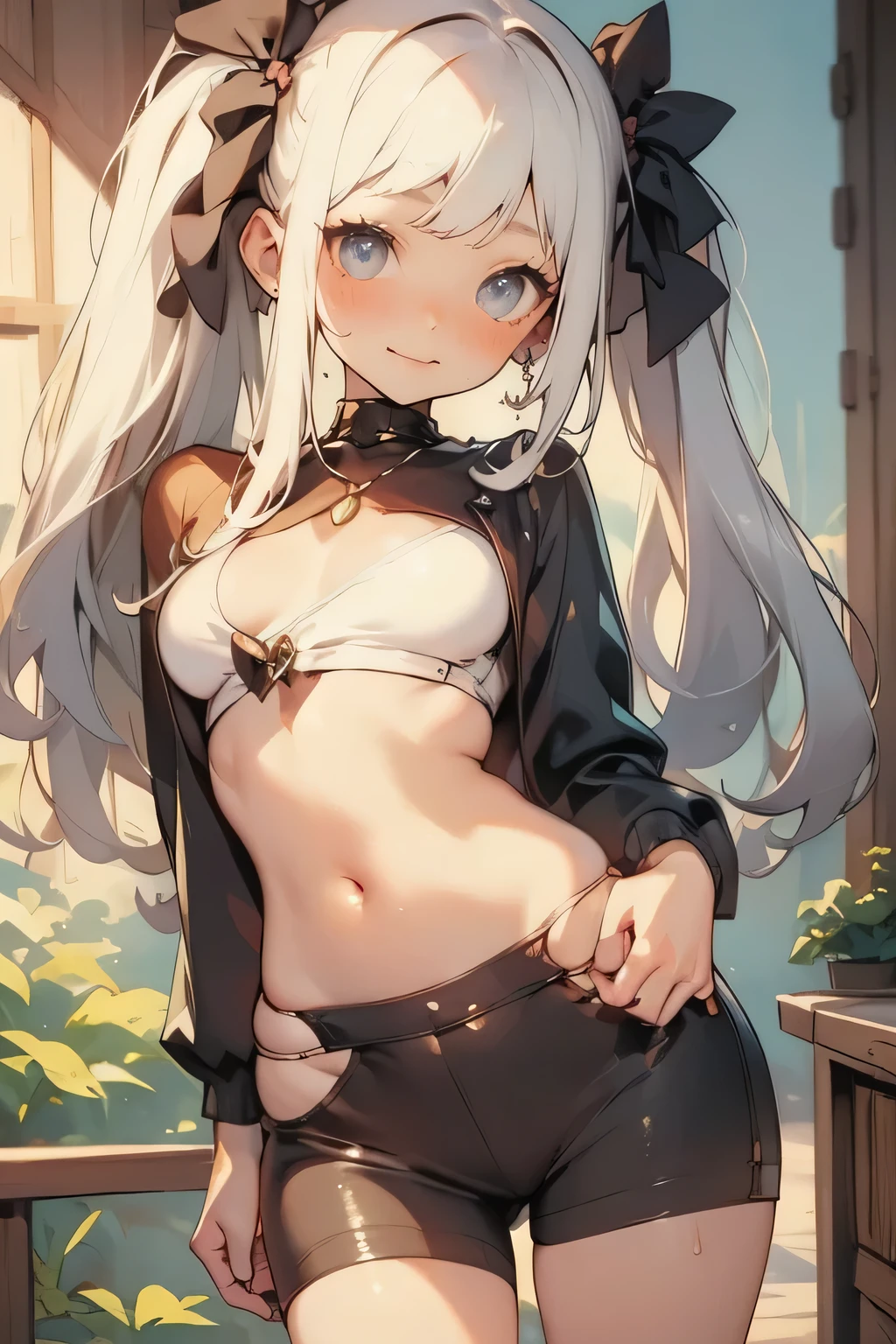 best quality, ultra precision, 1girl, cute, little girl, young, boyish, childish, small breasts, silver hair, cat ears, blue eyes, beautiful eyes, girl, ecstasy, sailor collar, estrus, metestrus, start to undress, naughty mood, she loves you, lost virgin, virgin, blush, beautiful skin, big bow on chest I'm not wearing panties BLUE SWEATER, BLACK SHIRT, SHIRT UNDER SWEATER, OFF SHOULDER TOP) Tsundere