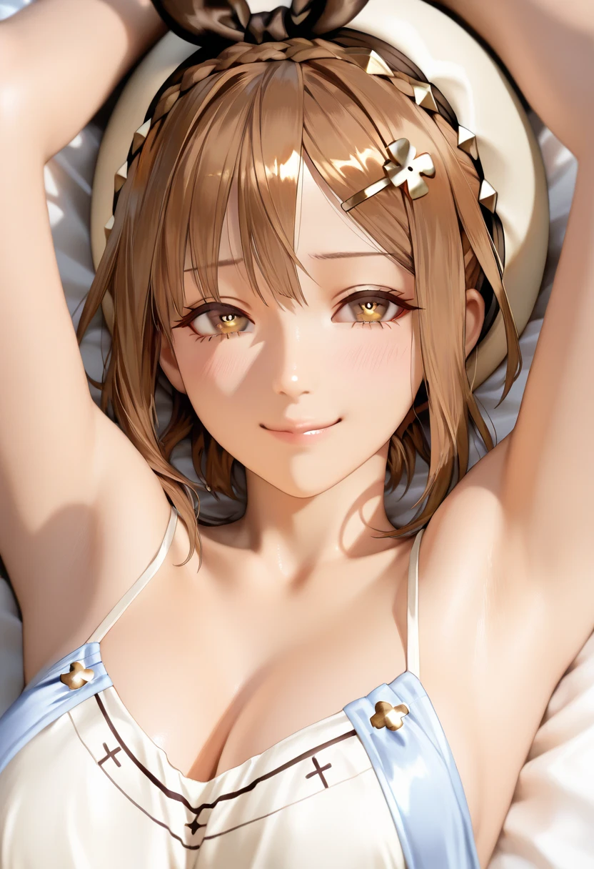 1girl, 1boy, cunnilingus, licking girl's pussy, big clitoris, lying on bed, horny, princess daisy, little breasts, brown hair, short hair, princess crown, green eyes, cute yellow bra, white gloves, cute palace bedroom, cute bedroom, masterpiece quality, ultra HD, 4K, best quality