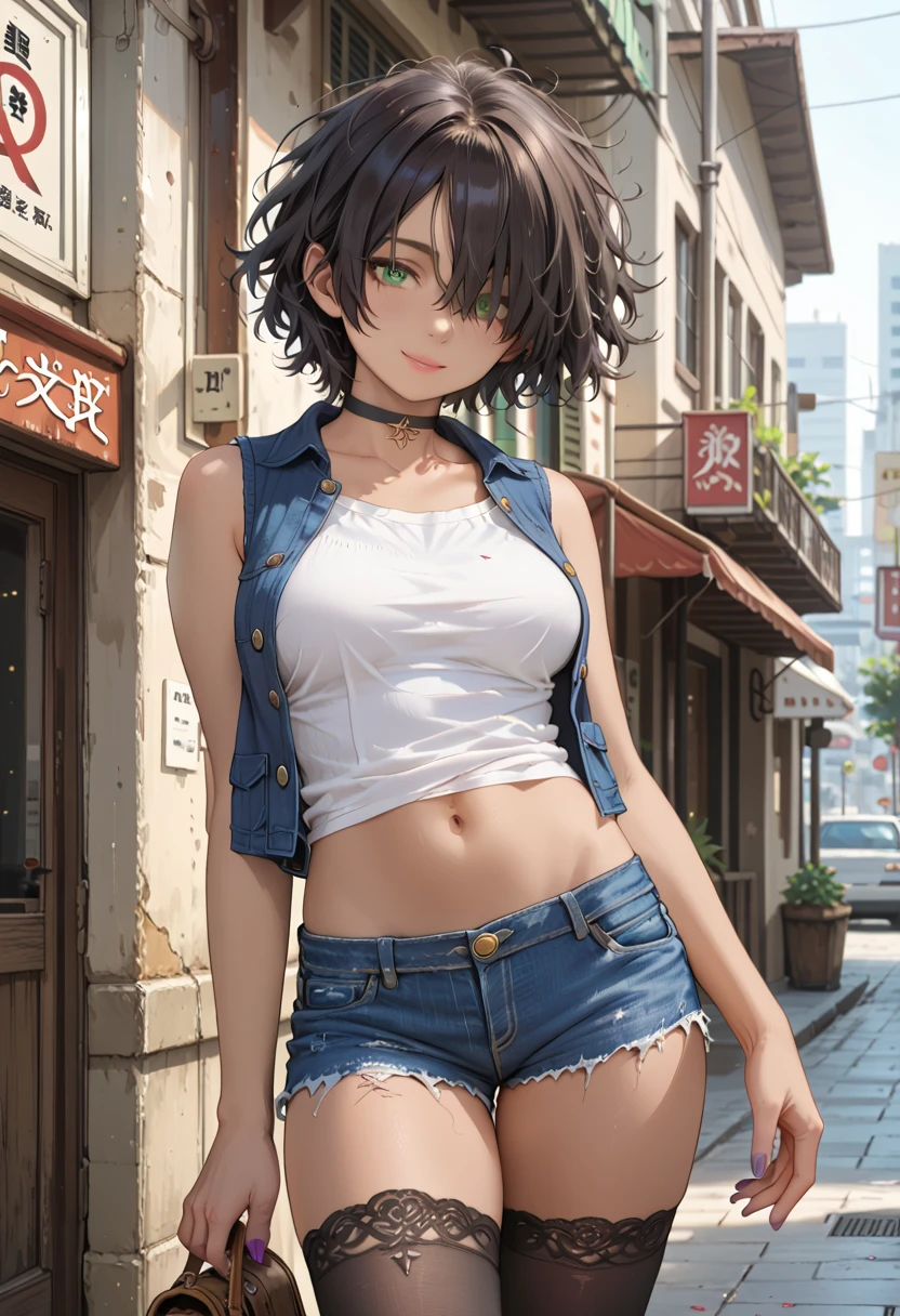 1 girl, old, black hair, black hair,short hair, short hair, floating hair, messy hair, hair over one eye, hair covers one eye, hair cover one eye, big green eyes, purple makeup around the eyes, choker, medium breast, medium breast, brown skin, brown skin, brown skin, brown skin, brown skin, brown skin, brown skin, seductive smile, white short-shirt, short jean blue vest, short jean blue vest, short jean blue vest, show navel, jean skirt, jean skirt, jean skirt, jean skirt, ((long black stockings)), brown short-boots, master piece, high quality, detailed, detailed_background, purple nails, no human ears, in a city,