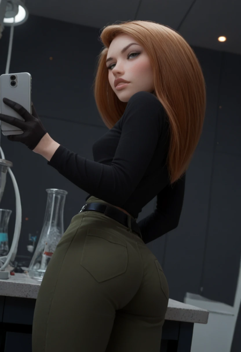 there is a woman taking a photo in a mirror, sexy look,   attractive style,  view from behind, Sexy outfit, tight suit, 18 years, 