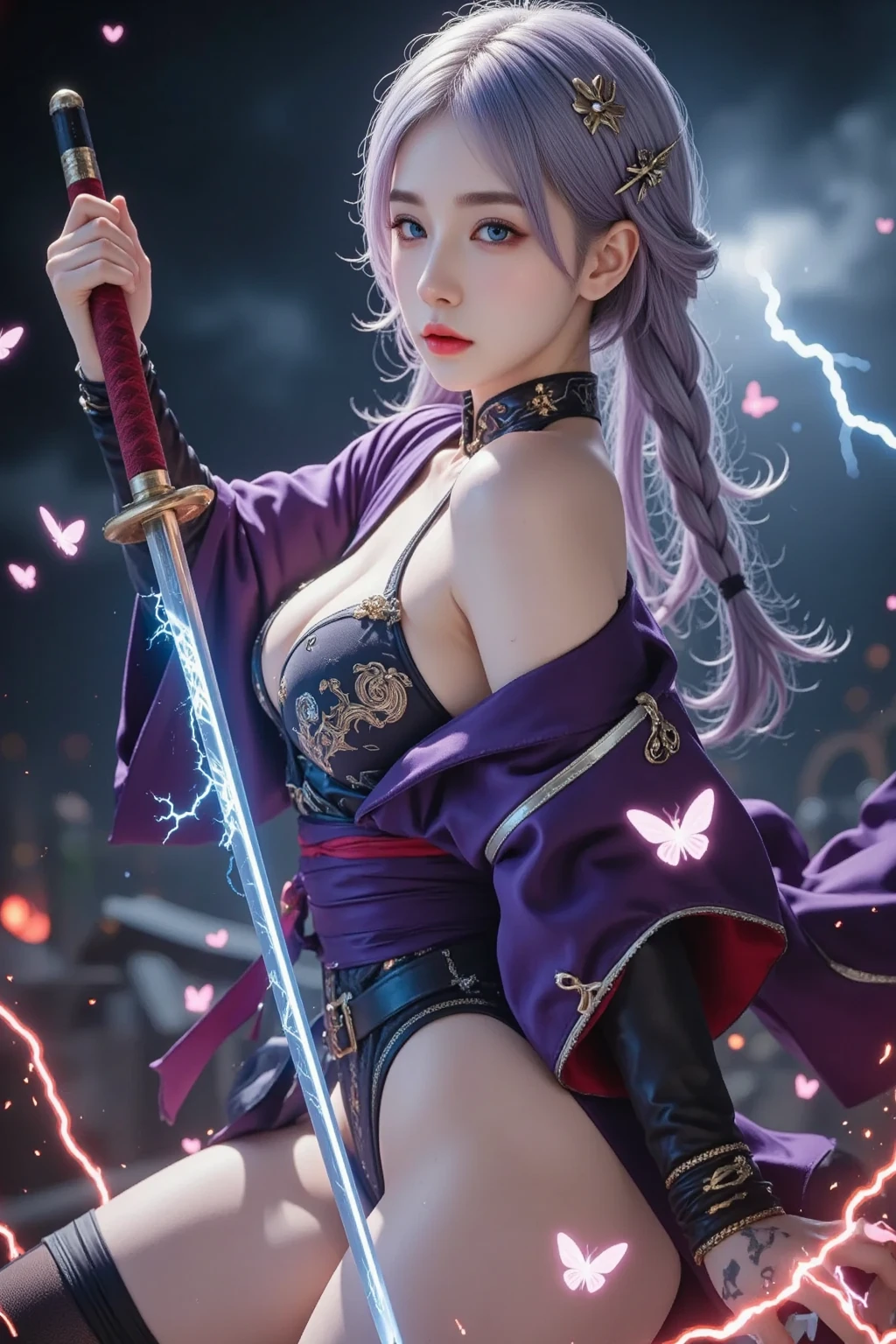 wearing costume、Alafid woman with sword and cloak, anime girl role play, she holds a katana, ayaka role play, anime role play, Inspired by Kiyonobu Torii I, Very beautiful cyberpunk warrior, Fox and bush, Japanese Goddess, glamourous role play, Drawing her katana, role play, Wear a kimono, role play photo