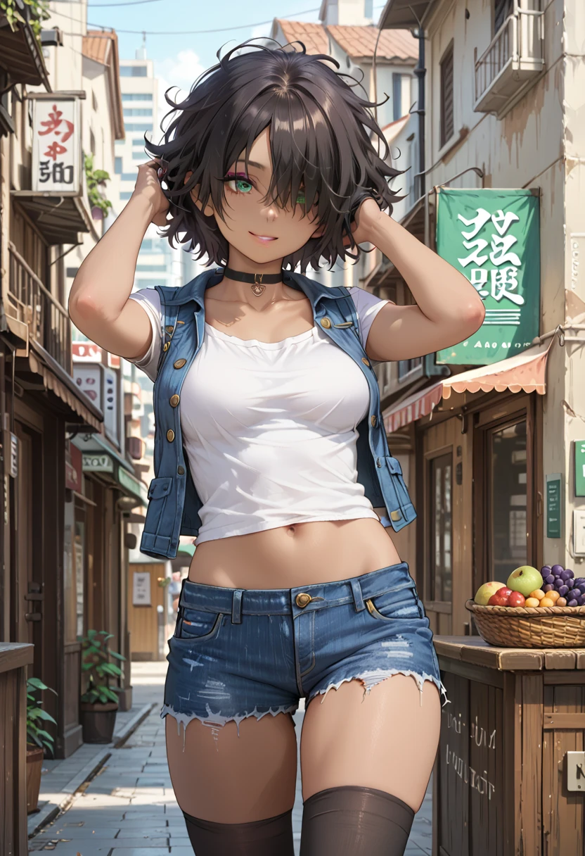 1 girl, 12years old, black hair, black hair,short hair, short hair, floating hair, messy hair, hair over one eye, hair covers one eye, hair cover one eye, big green eyes, purple makeup around the eyes, choker, medium breast, medium breast, brown skin, brown skin, brown skin, brown skin, brown skin, brown skin, brown skin, seductive smile, white short-shirt, short jean blue vest, short jean blue vest, short jean blue vest, show navel, jean skirt, jean skirt, jean skirt, jean skirt, ((long black stockings)), brown short-boots, master piece, high quality, detailed, detailed_background, purple nails, no human ears, in a city,