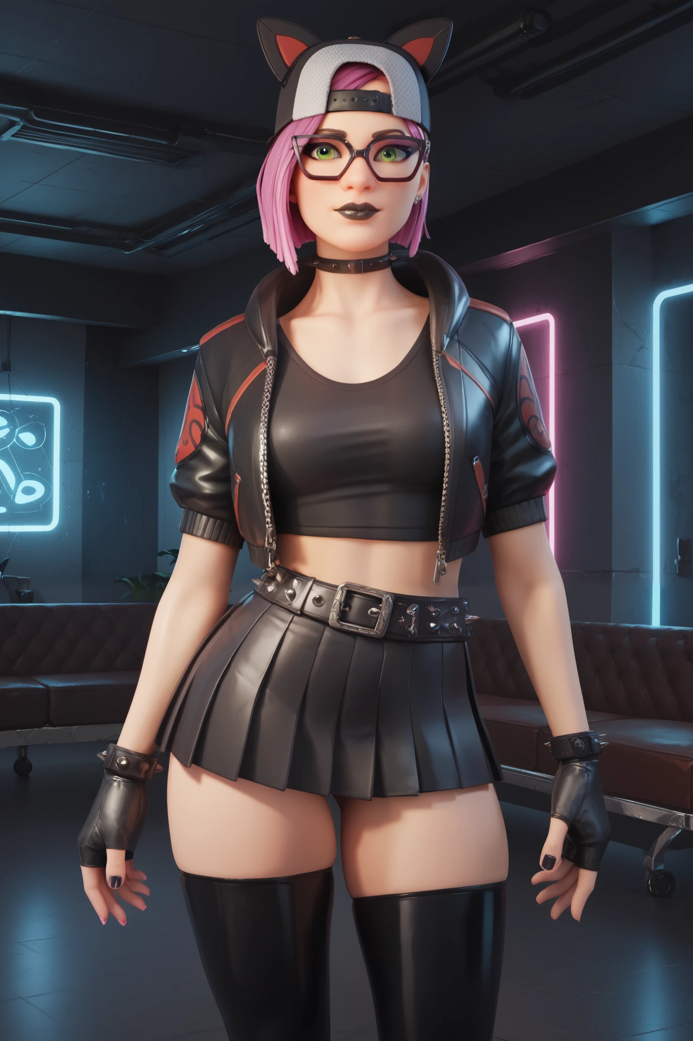 girl (masterpiece), choker, spiked belt, black lips, black cap, fingerless gloves, evening (solo), black clothes, black jacket, black, black thigh-high latex stockings, short pleated black skirt with a chain, beautiful green eyes, short pink hair, glasses, black floor,standing, futuristic room, neon light