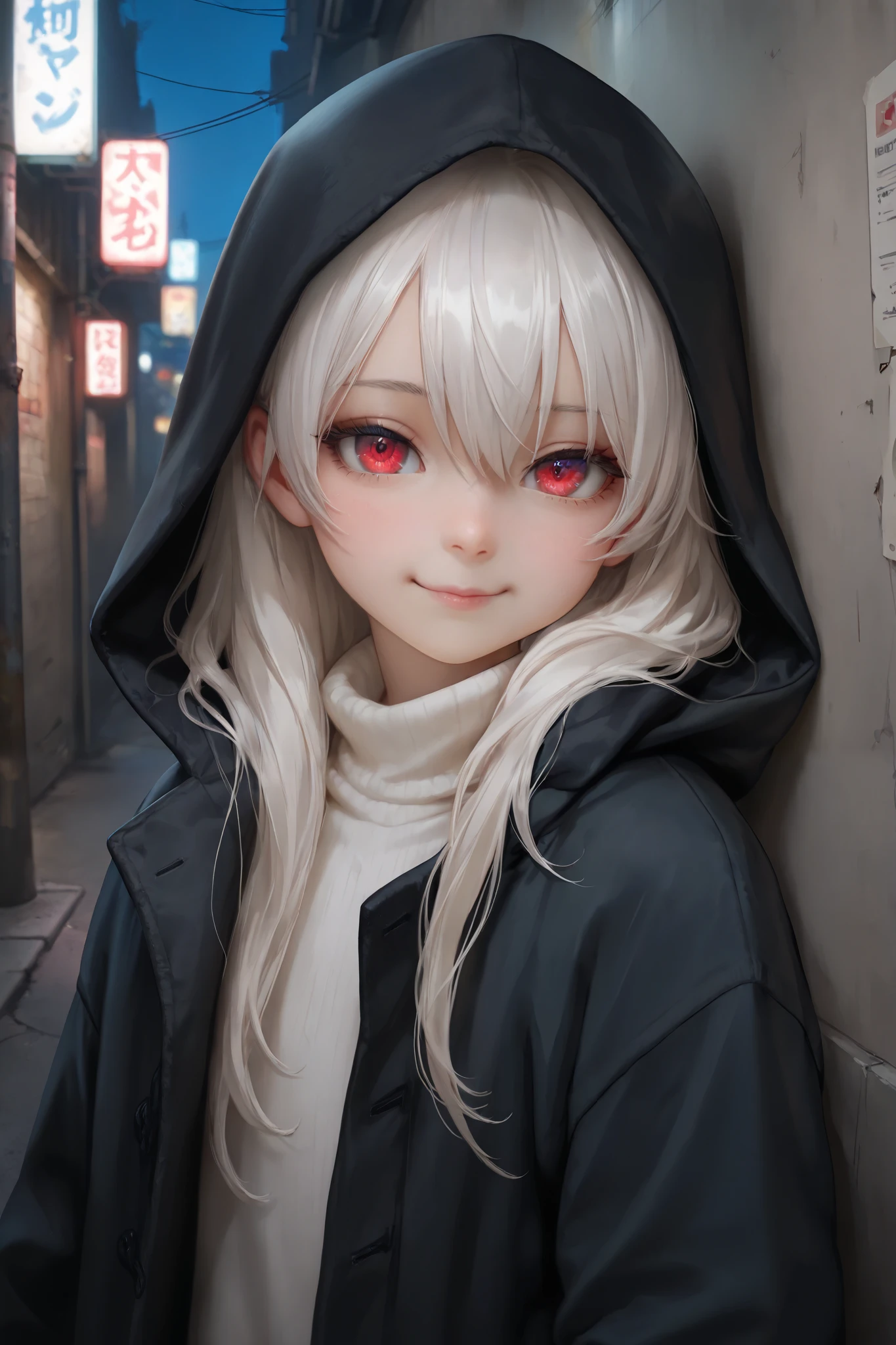 masterpiece, best quality, detailed eyes, semi realistic, 8k, girl, cute, small, sister, pure, young face, oversized black hood coat, black jean, white sweater, short long white gray hair, red eye, midnight city, solo character. looking at viewer, wearing hoodle, holding short metal pole, emotionless, night time, narrow alley background, upper body, lean against the wall smile, happy